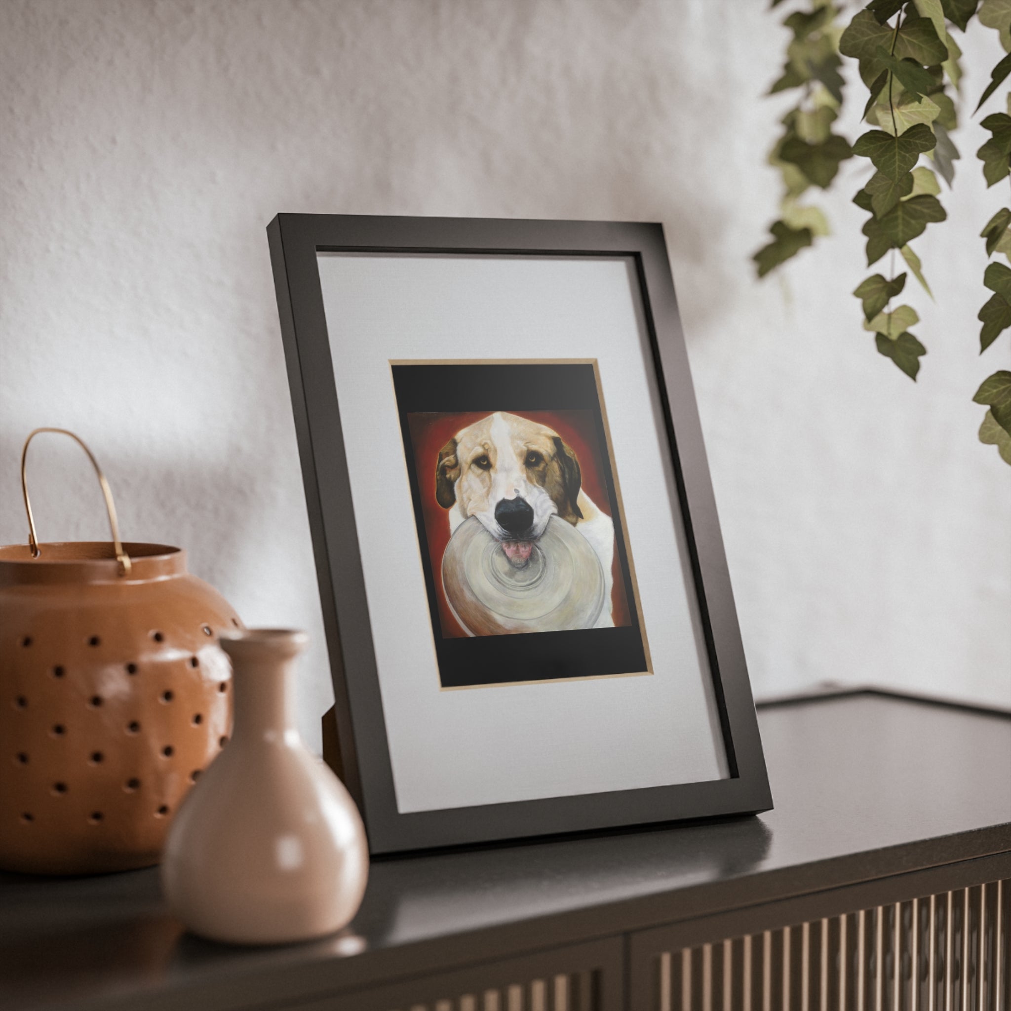 Framed Dog Poster — Black Frame Wall Art Featuring Playful Pup with Frisbee