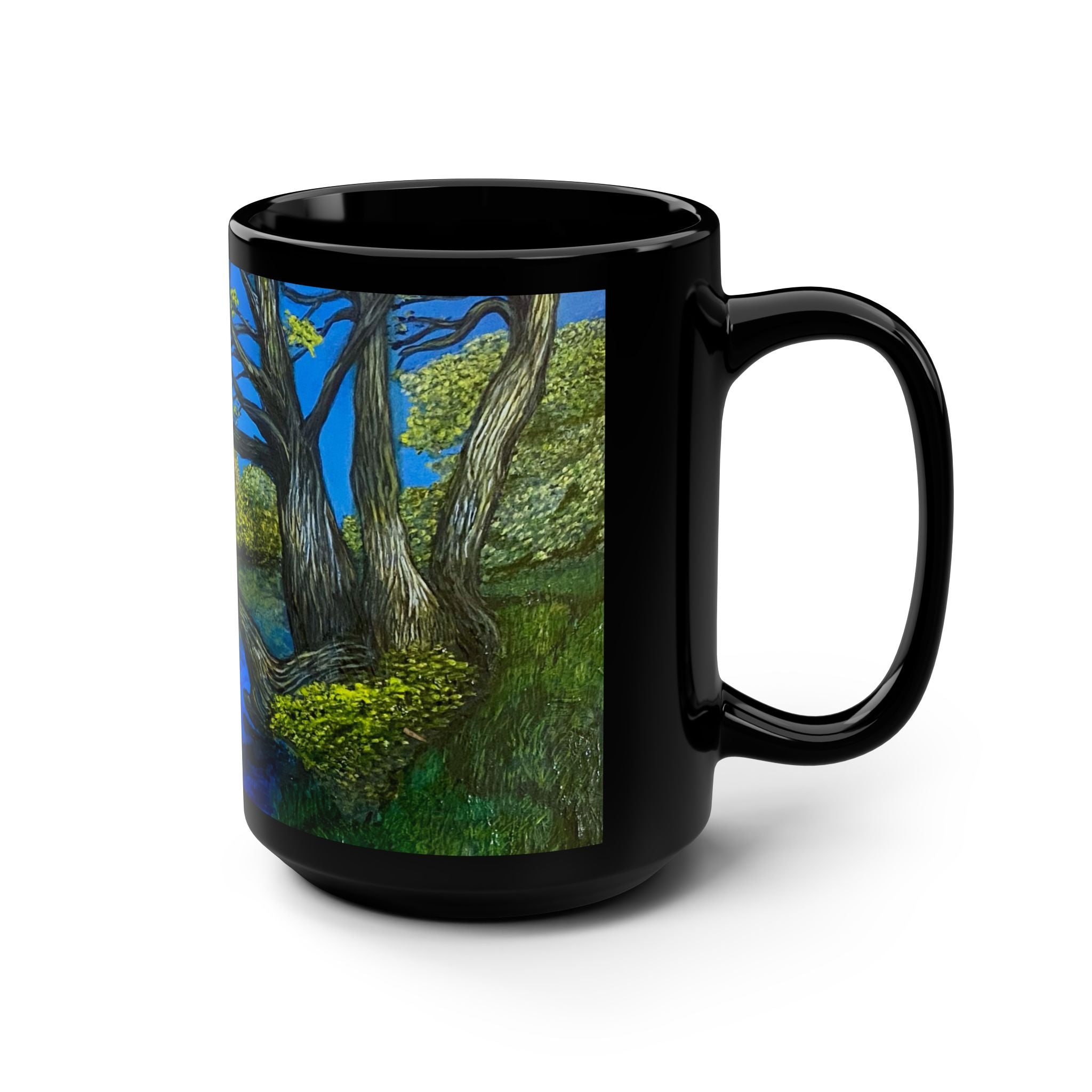 15oz Black Mug — Serene Riverside Tree Art Coffee Mug