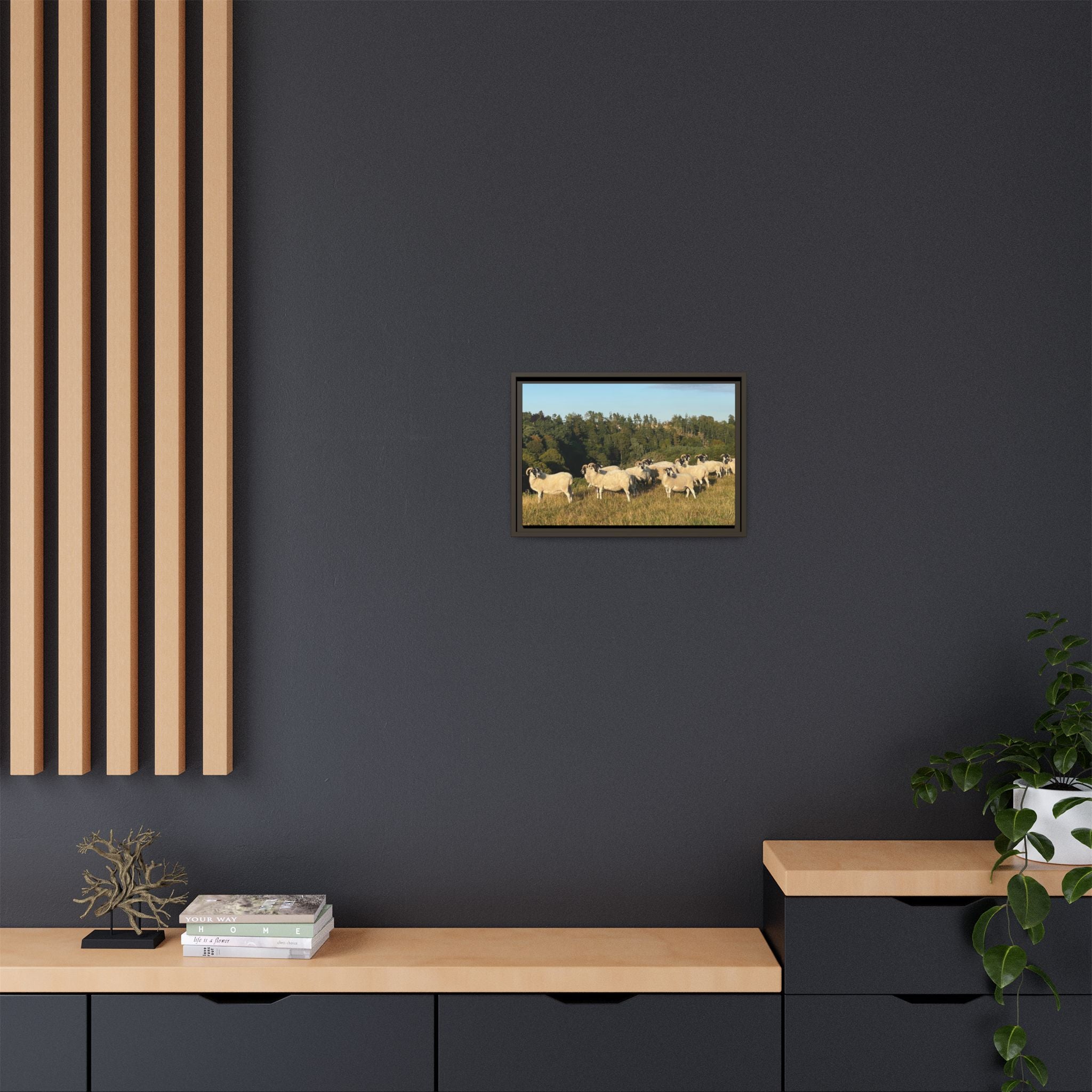Framed Matte Canvas Print — Pastoral Sheep Landscape Wall Art