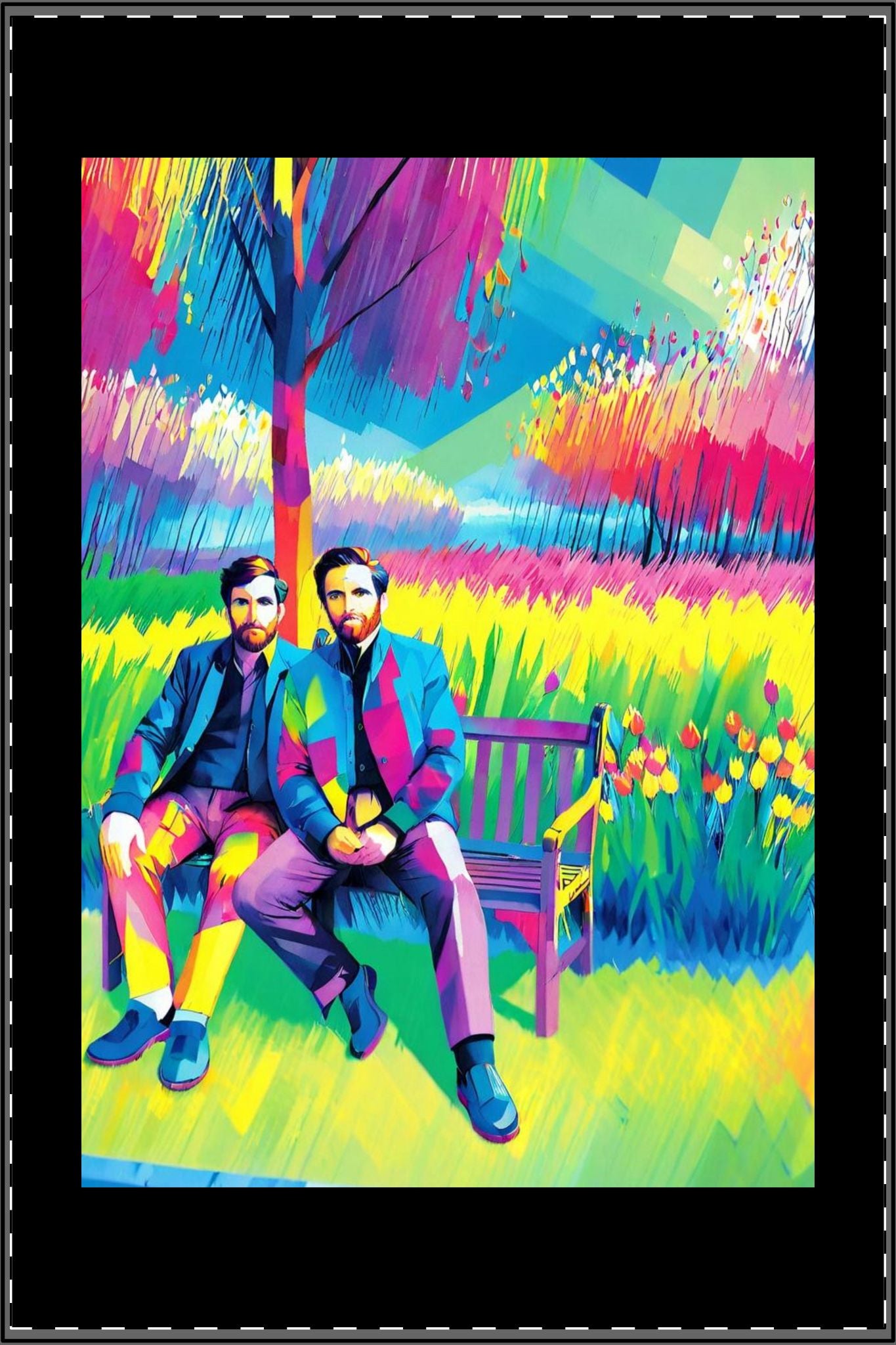 Vibrant Pop Art Satin Poster — Colorful Duo Bench Portrait