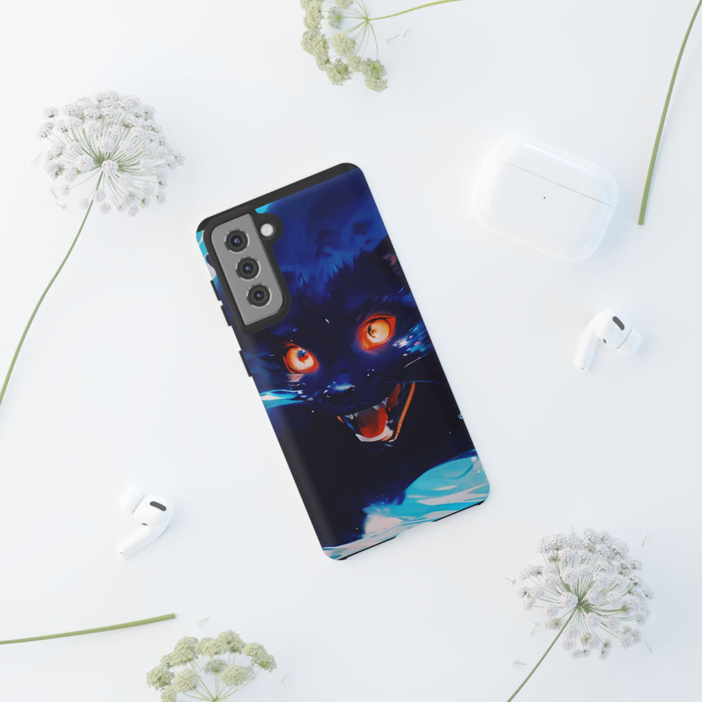 Demon Cat Phone Case — Glowing Blue Feline Tough Case
