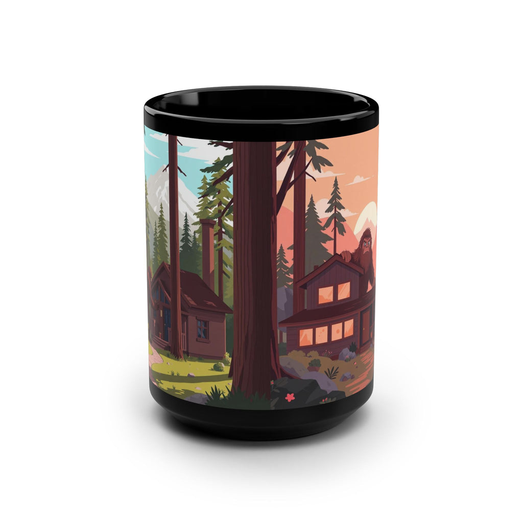 Cabin Forest Mug — Rustic Bigfoot Sunset 15oz Black Coffee Cup