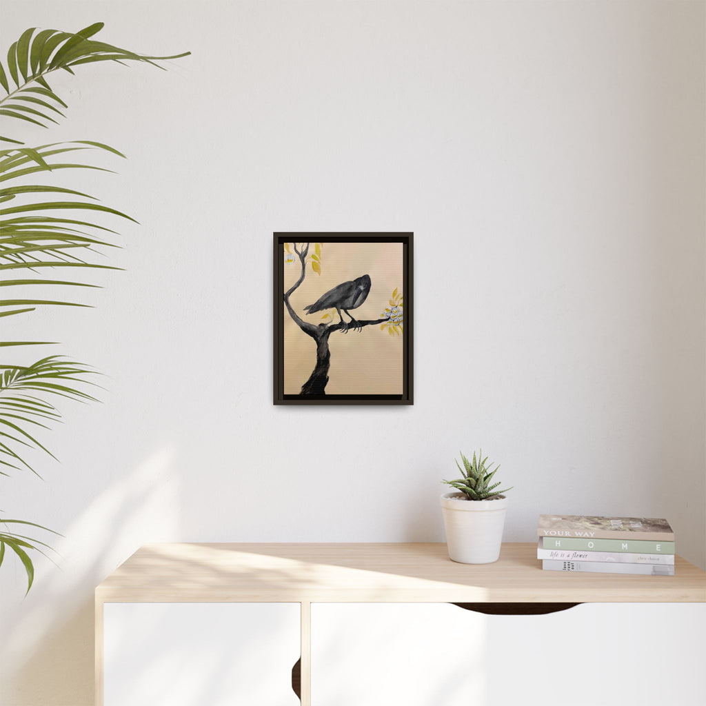 Raven on Branch Matte Framed Canvas – Moody Bird Wall Art