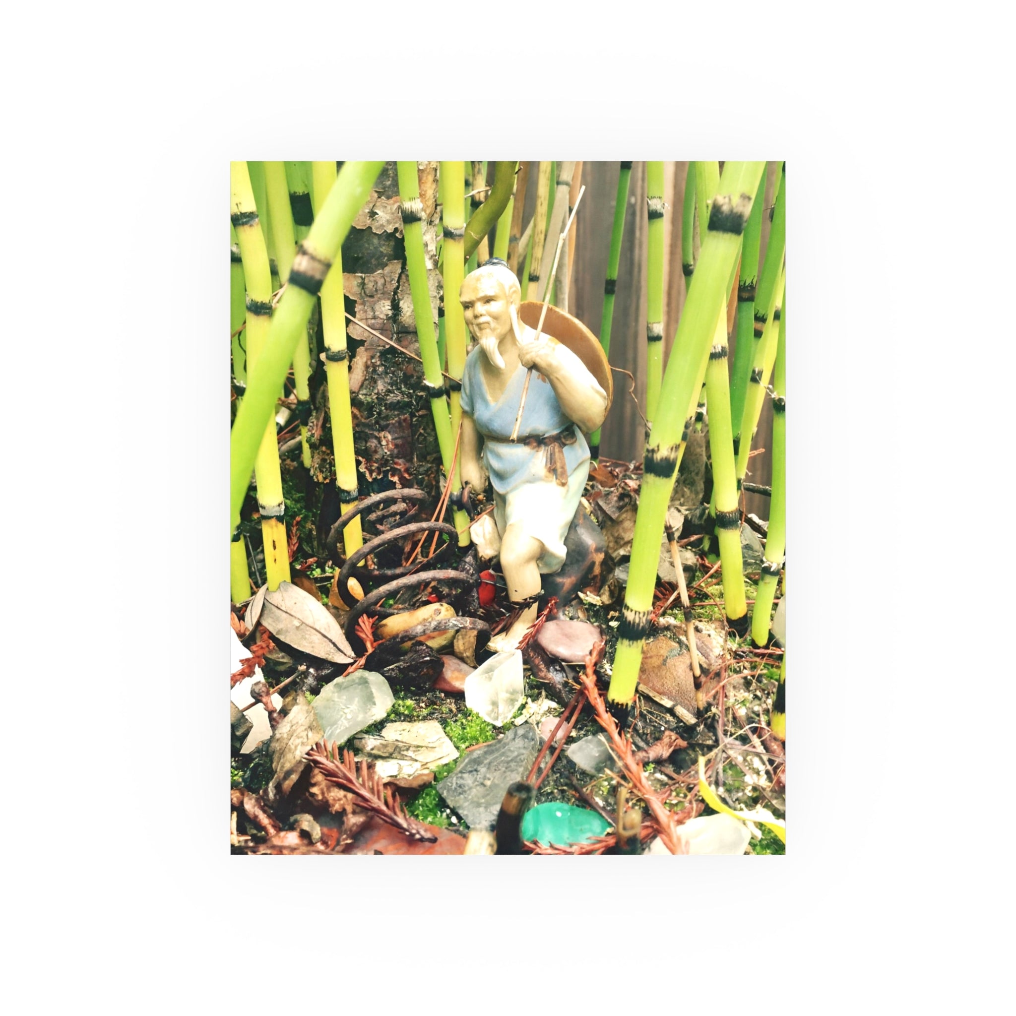 Garden Vignette Poster — Vintage Figurine Among Bamboo Satin/Matte Print