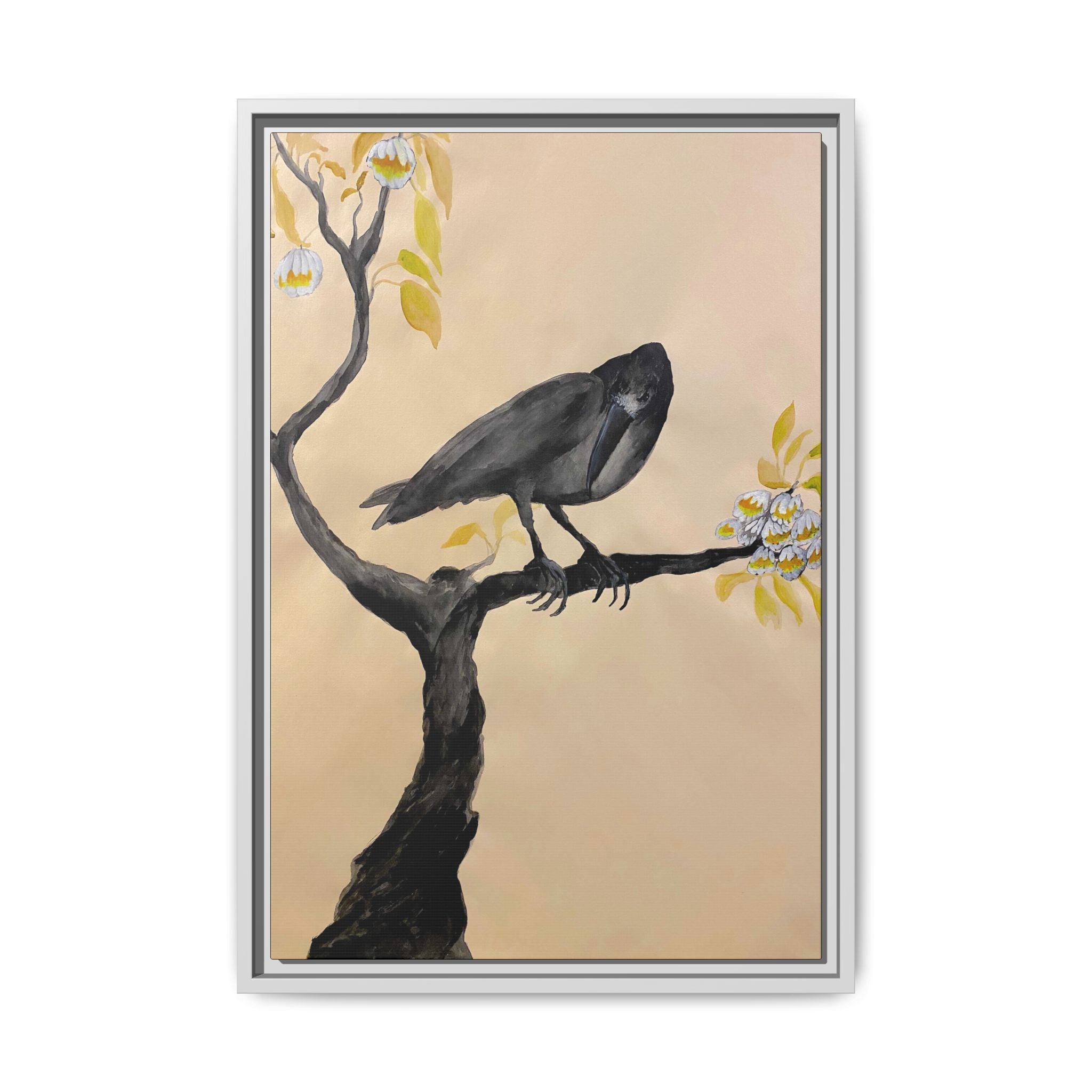 Raven on Branch Matte Framed Canvas – Moody Bird Wall Art