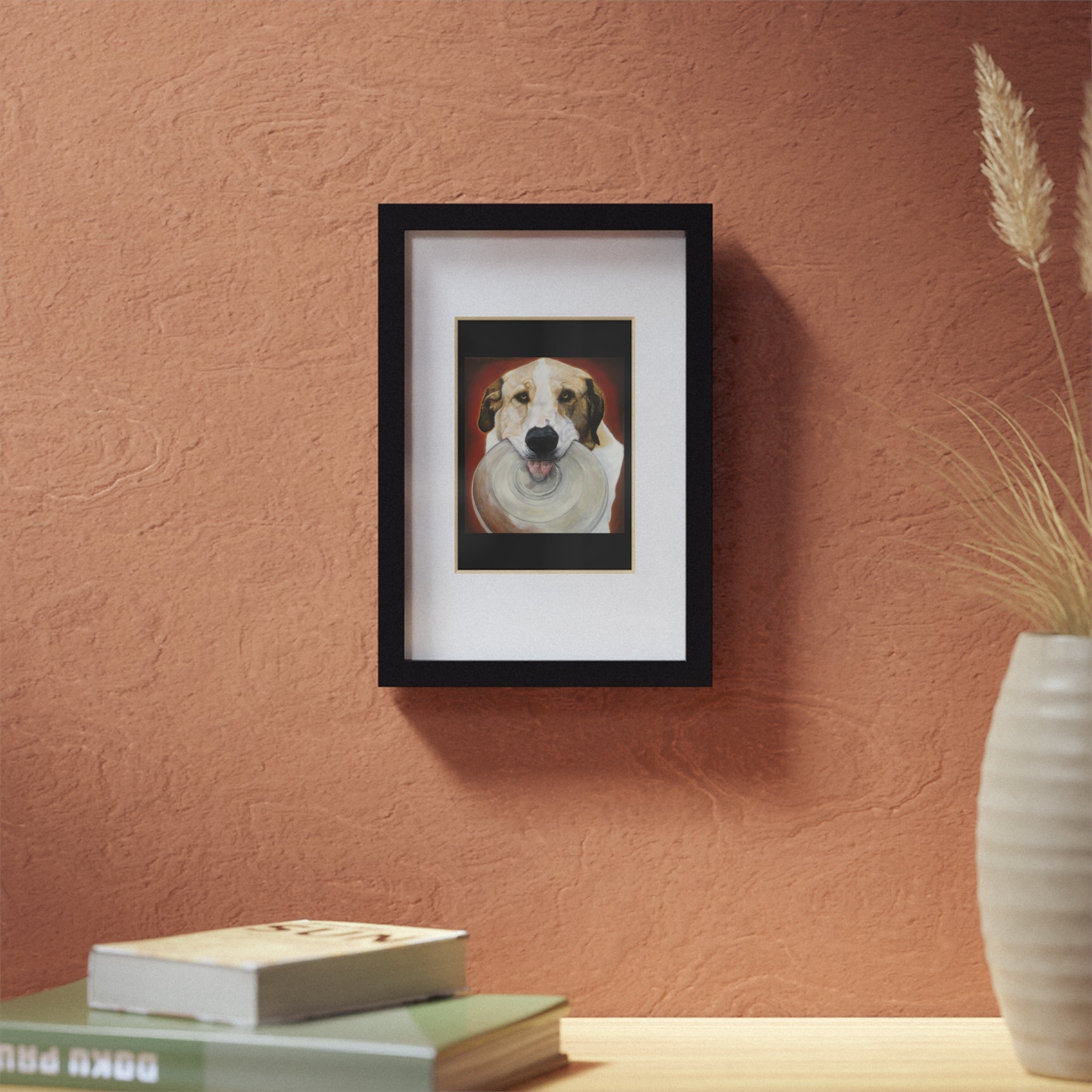 Framed Dog Poster — Black Frame Wall Art Featuring Playful Pup with Frisbee