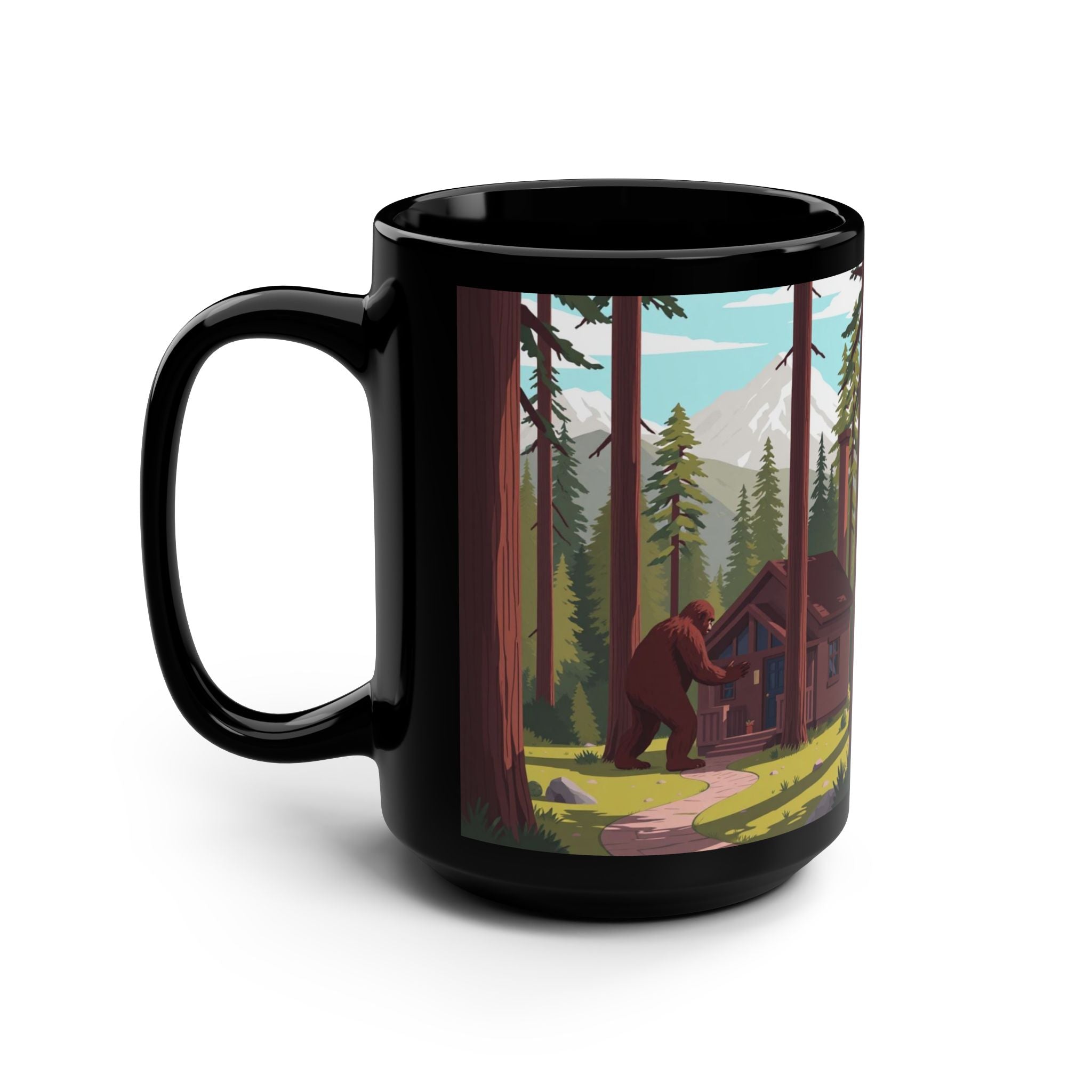Cabin Forest Mug — Rustic Bigfoot Sunset 15oz Black Coffee Cup