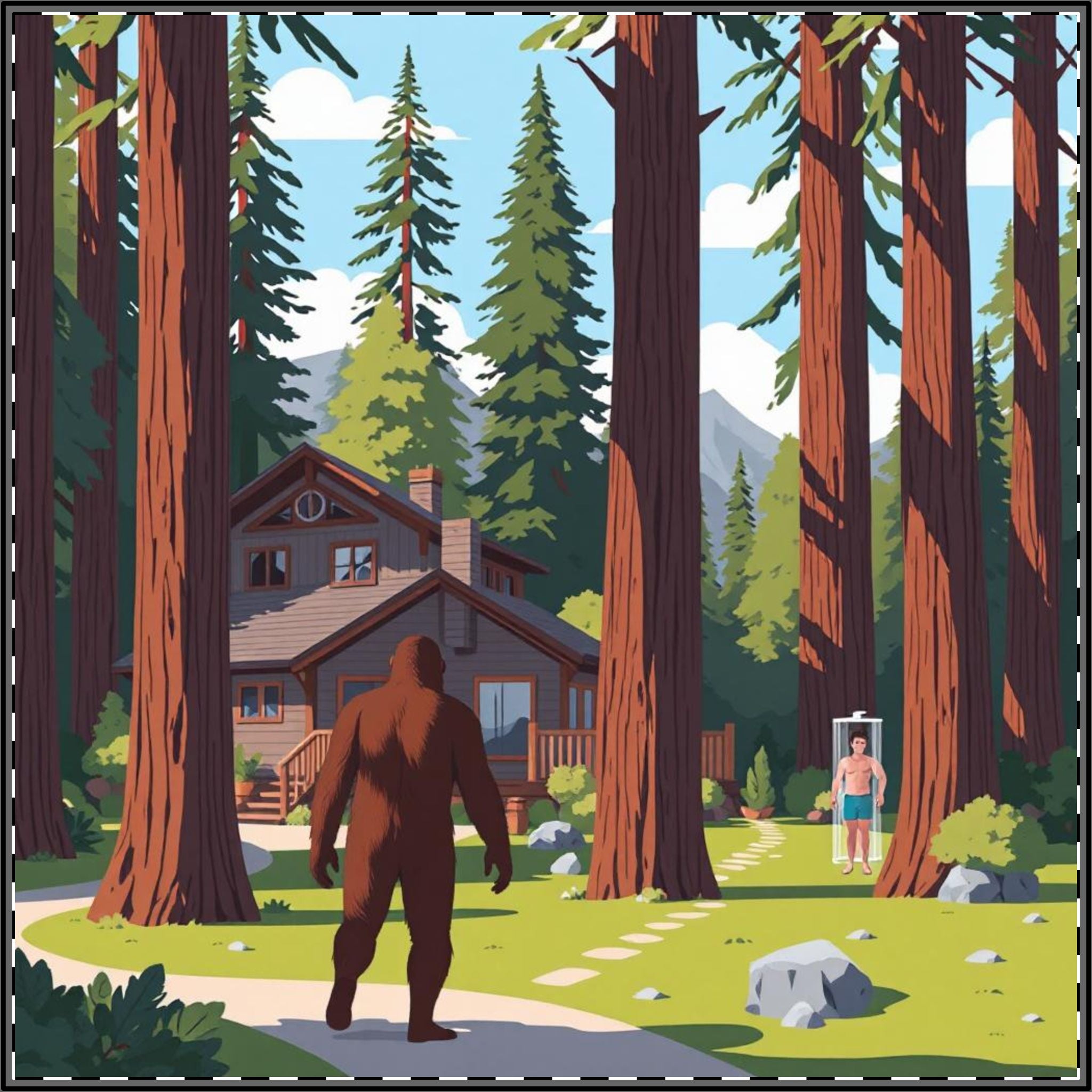 Satin Poster — Retro Bigfoot Cabin Art Print
