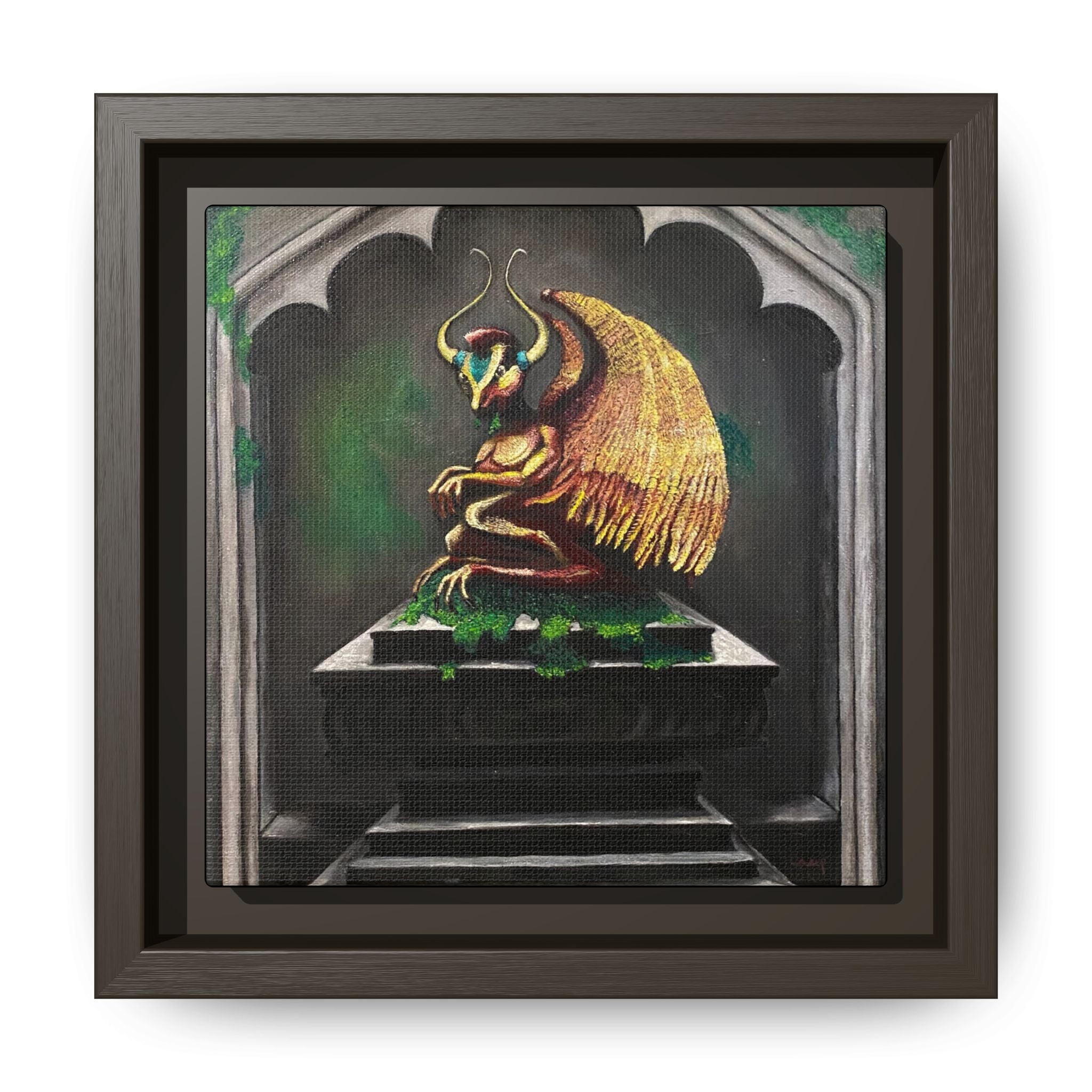 Framed Matte Canvas - Golden Gothic Gargoyle Wall Art