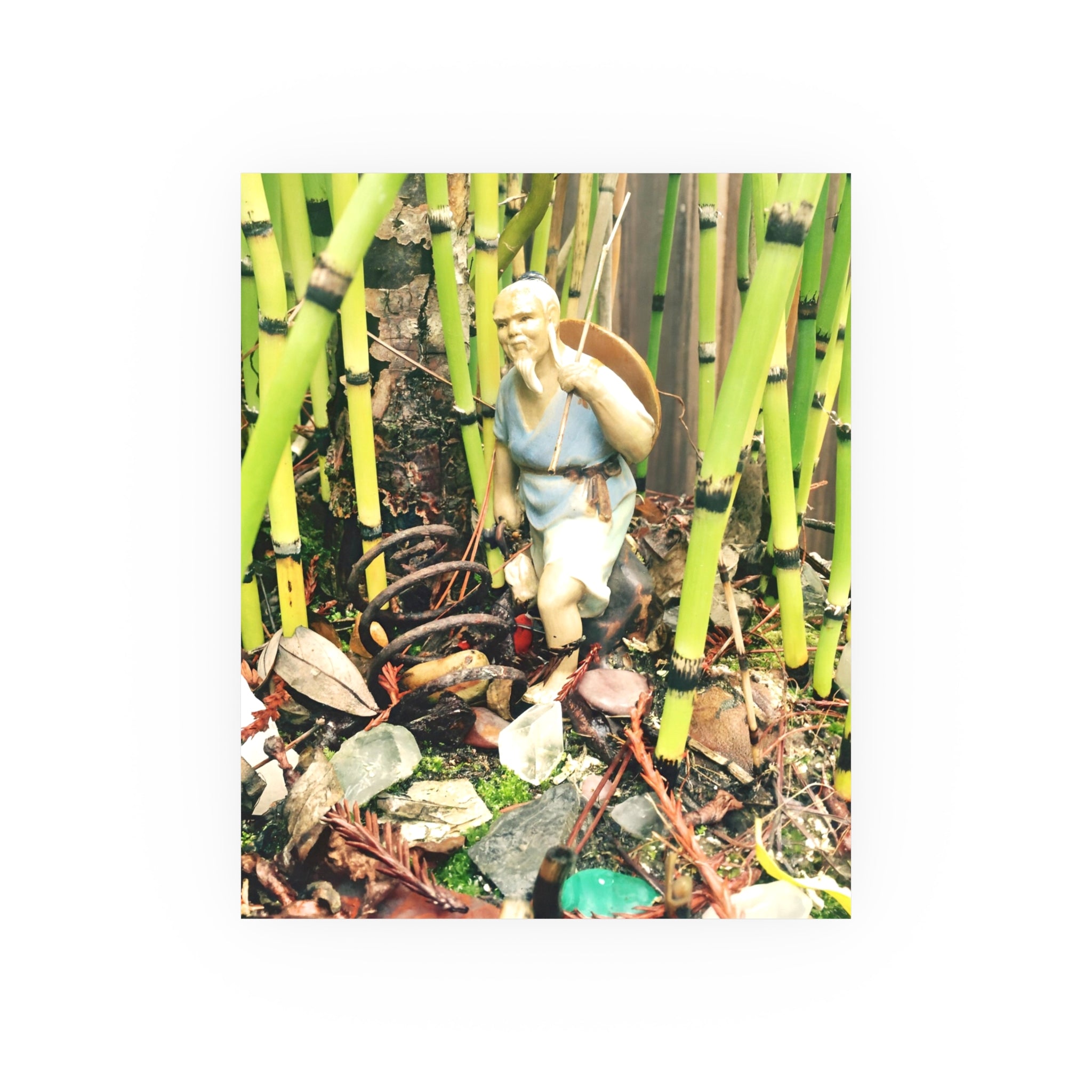 Garden Vignette Poster — Vintage Figurine Among Bamboo Satin/Matte Print