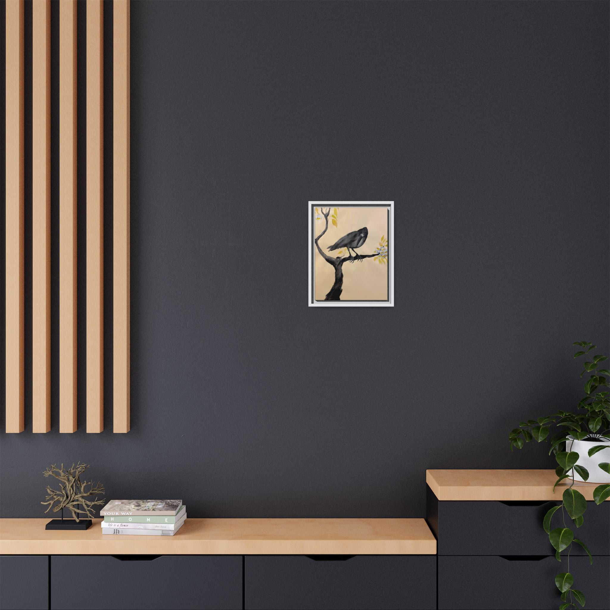 Raven on Branch Matte Framed Canvas – Moody Bird Wall Art