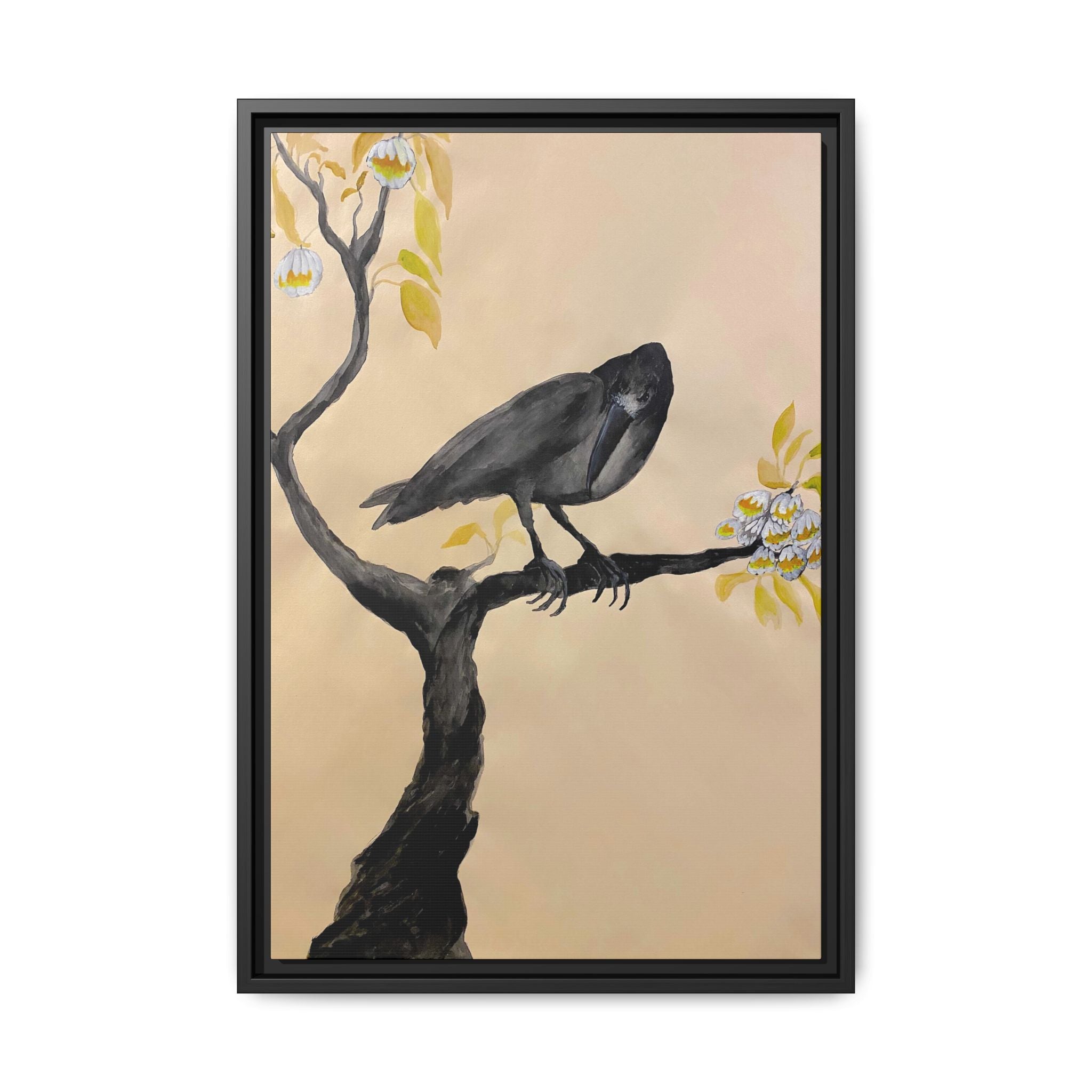 Raven on Branch Matte Framed Canvas – Moody Bird Wall Art