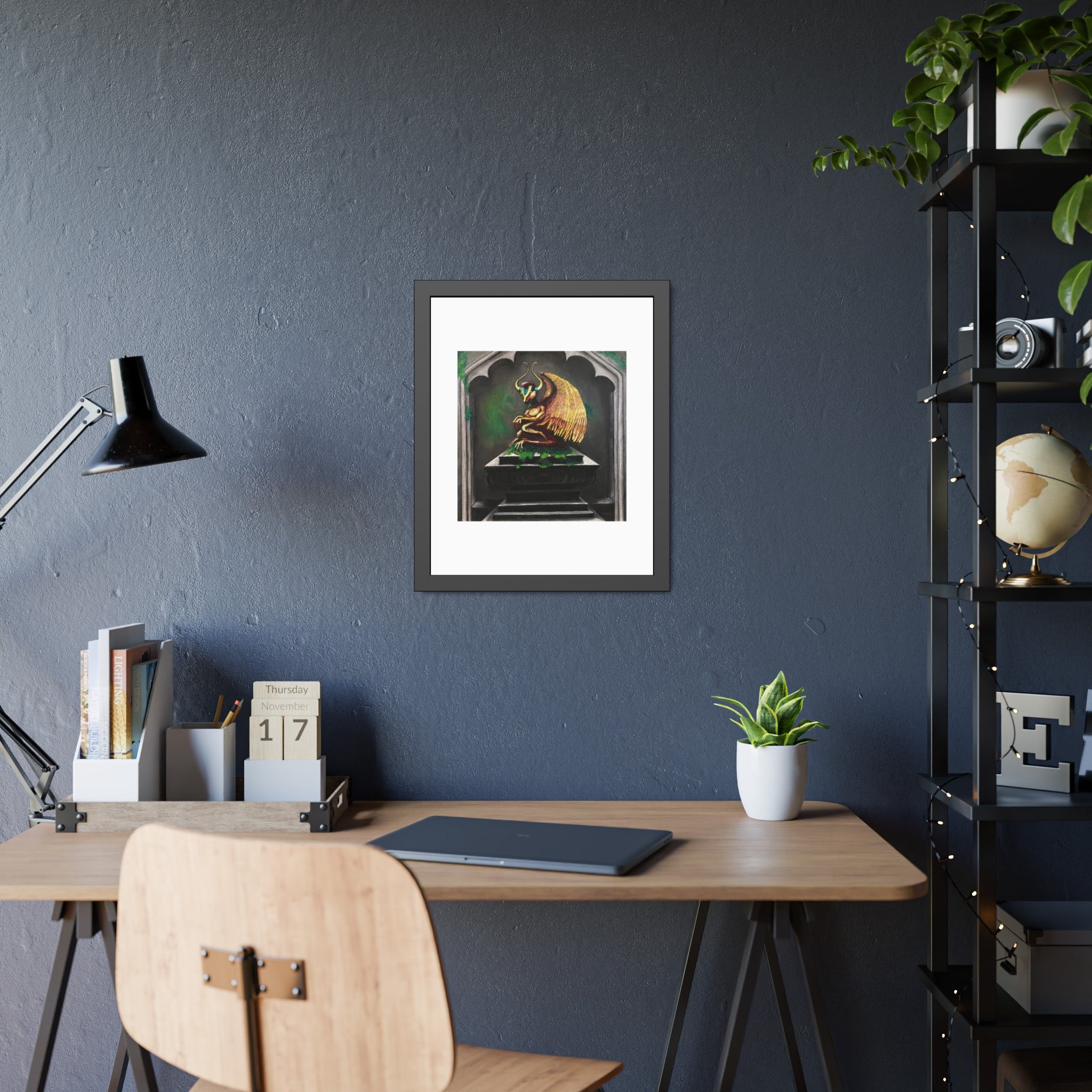 Golden Gargoyle Framed Art Print — Gothic Fantasy Paper Poster