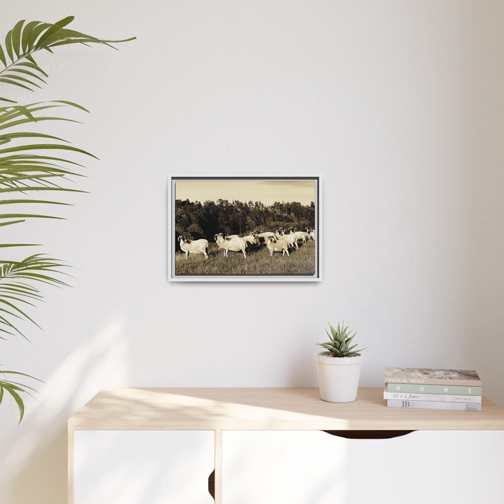 Framed Matte Canvas Print — Vintage Sheep Pasture Wall Art