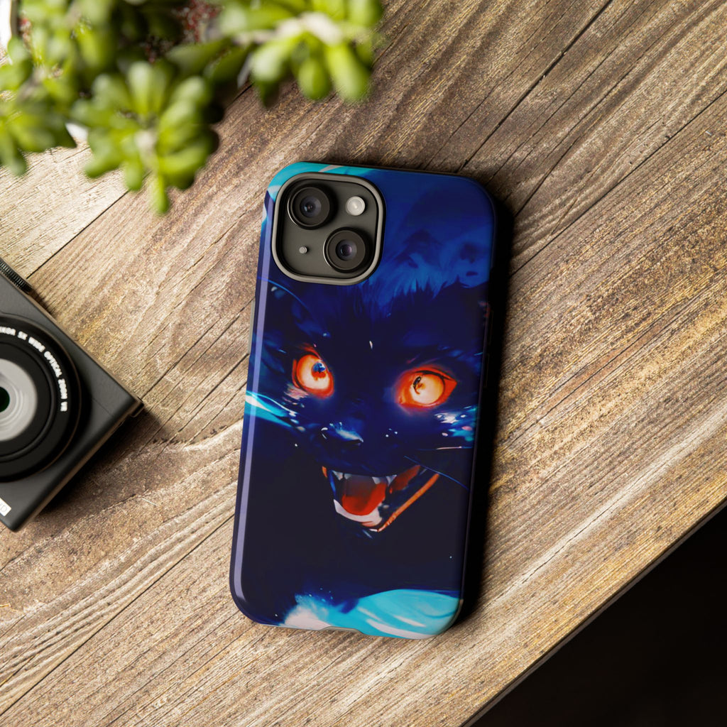Demon Cat Phone Case — Glowing Blue Feline Tough Case