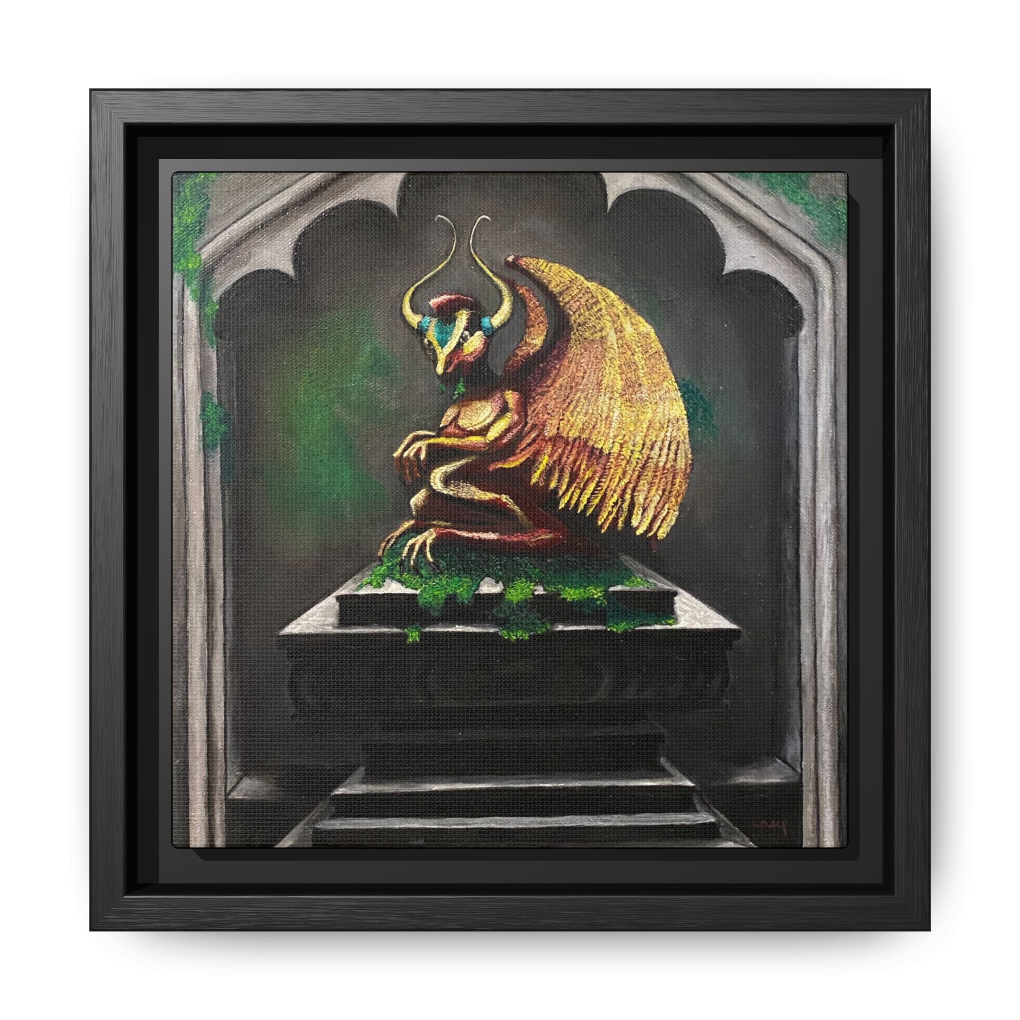 Framed Matte Canvas - Golden Gothic Gargoyle Wall Art