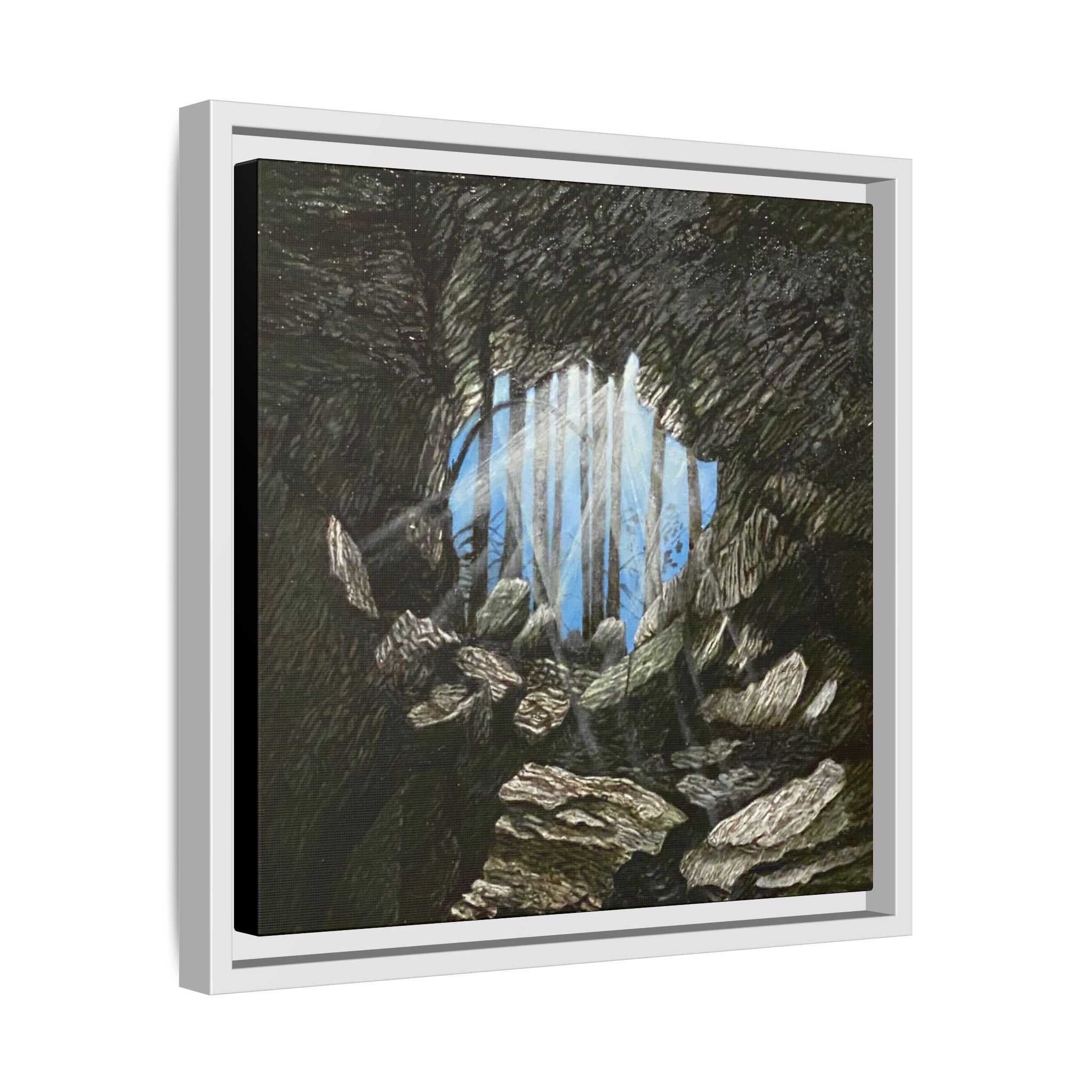 Framed Matte Canvas Art — Cave Opening with Blue Sky Landscape