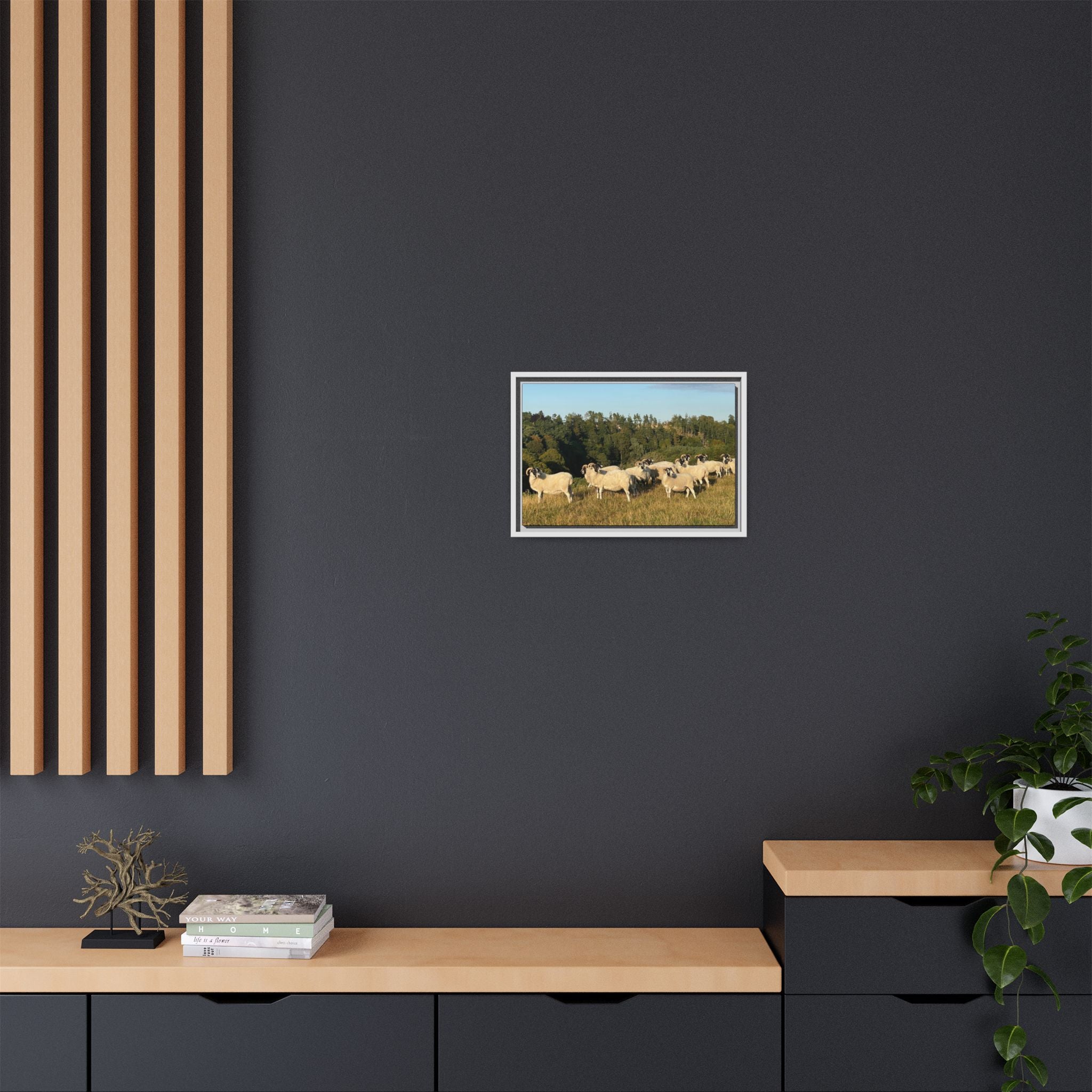 Framed Matte Canvas Print — Pastoral Sheep Landscape Wall Art