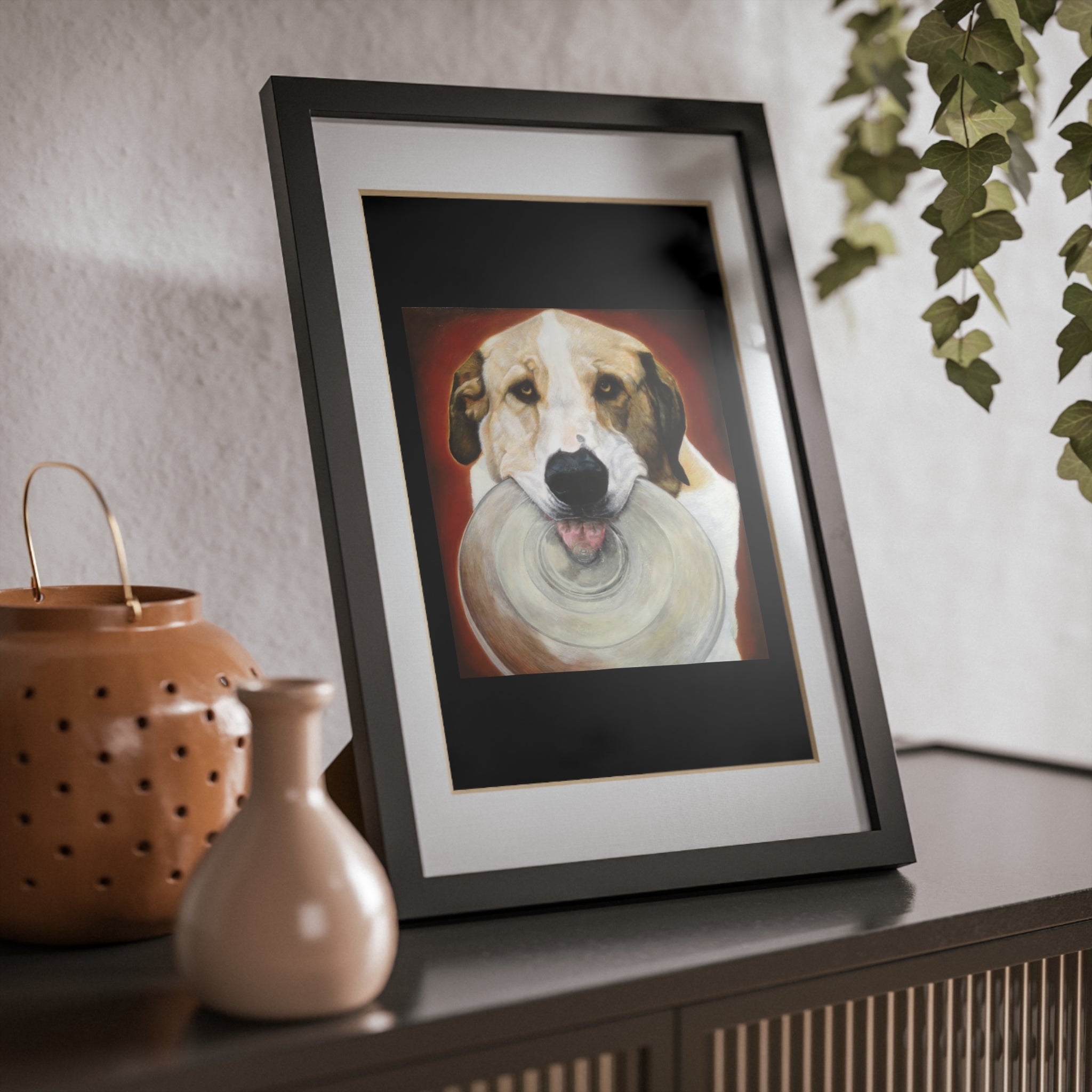 Framed Dog Poster — Black Frame Wall Art Featuring Playful Pup with Frisbee