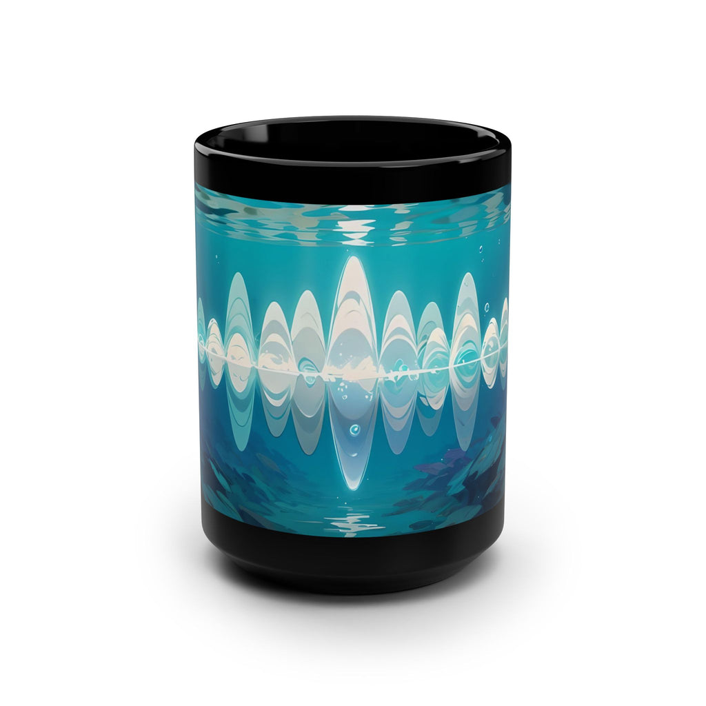 Cerulean Soundwave Black Mug — 15oz Artistic Ocean Vibes