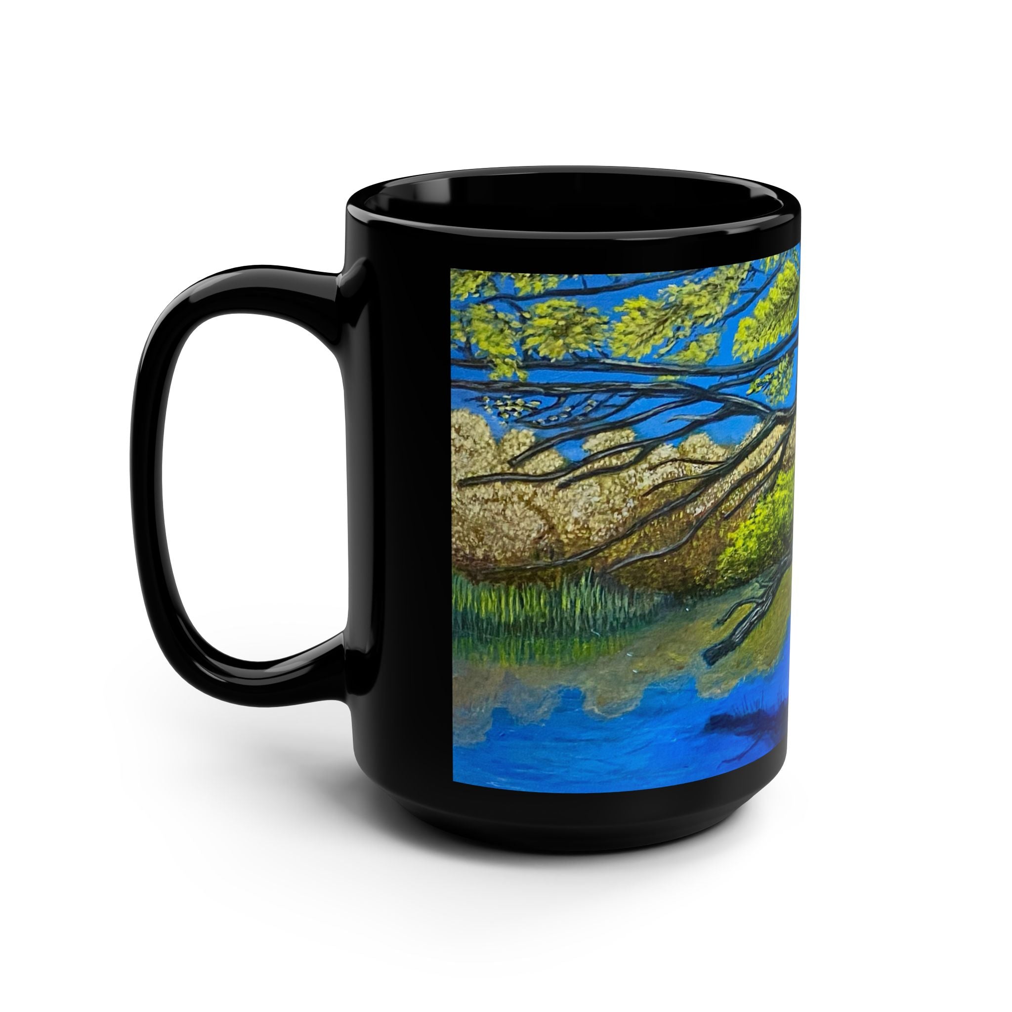 15oz Black Mug — Serene Riverside Tree Art Coffee Mug