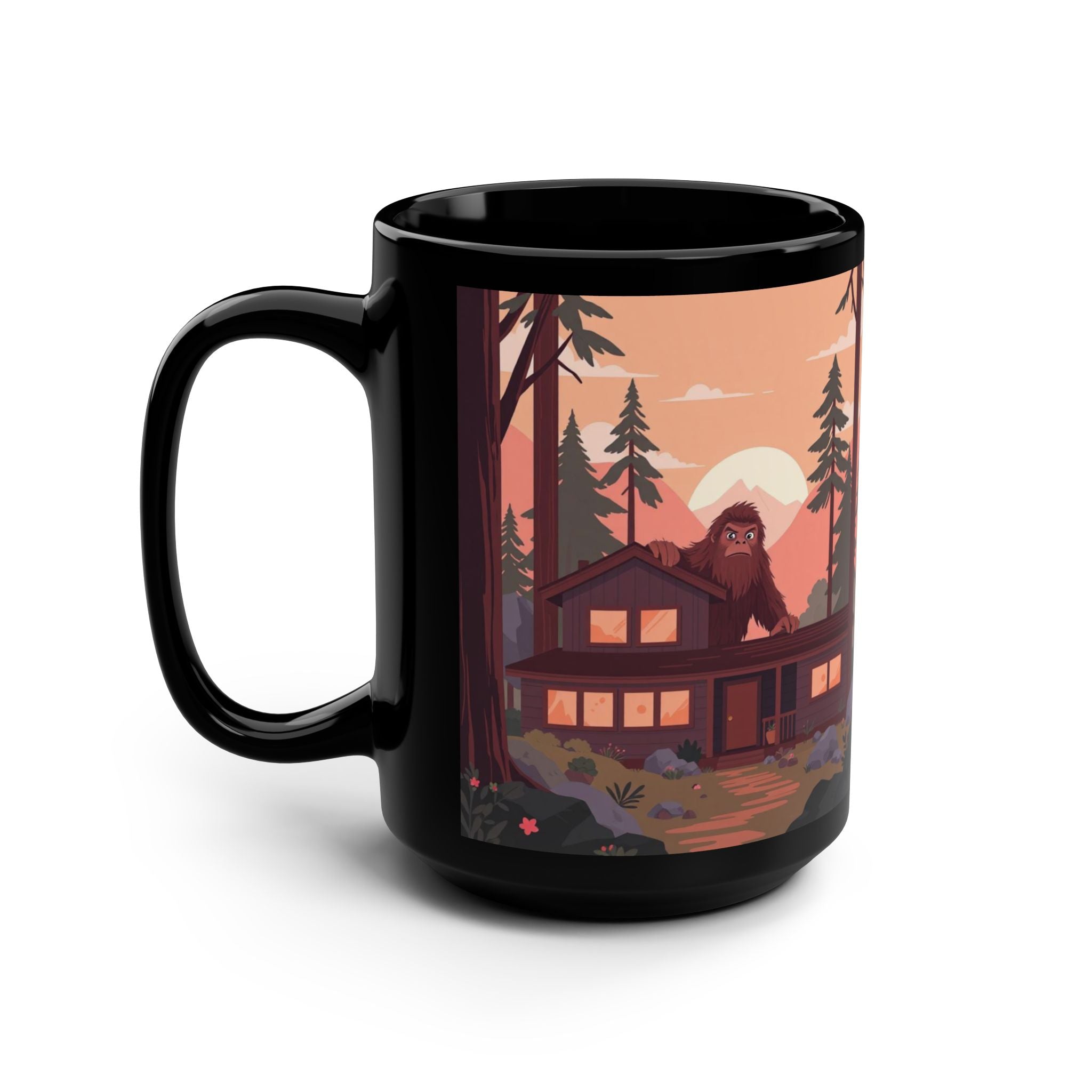 Bigfoot Forest Mug — 15oz Black Coffee Cup with Sasquatch Woodland Illustration