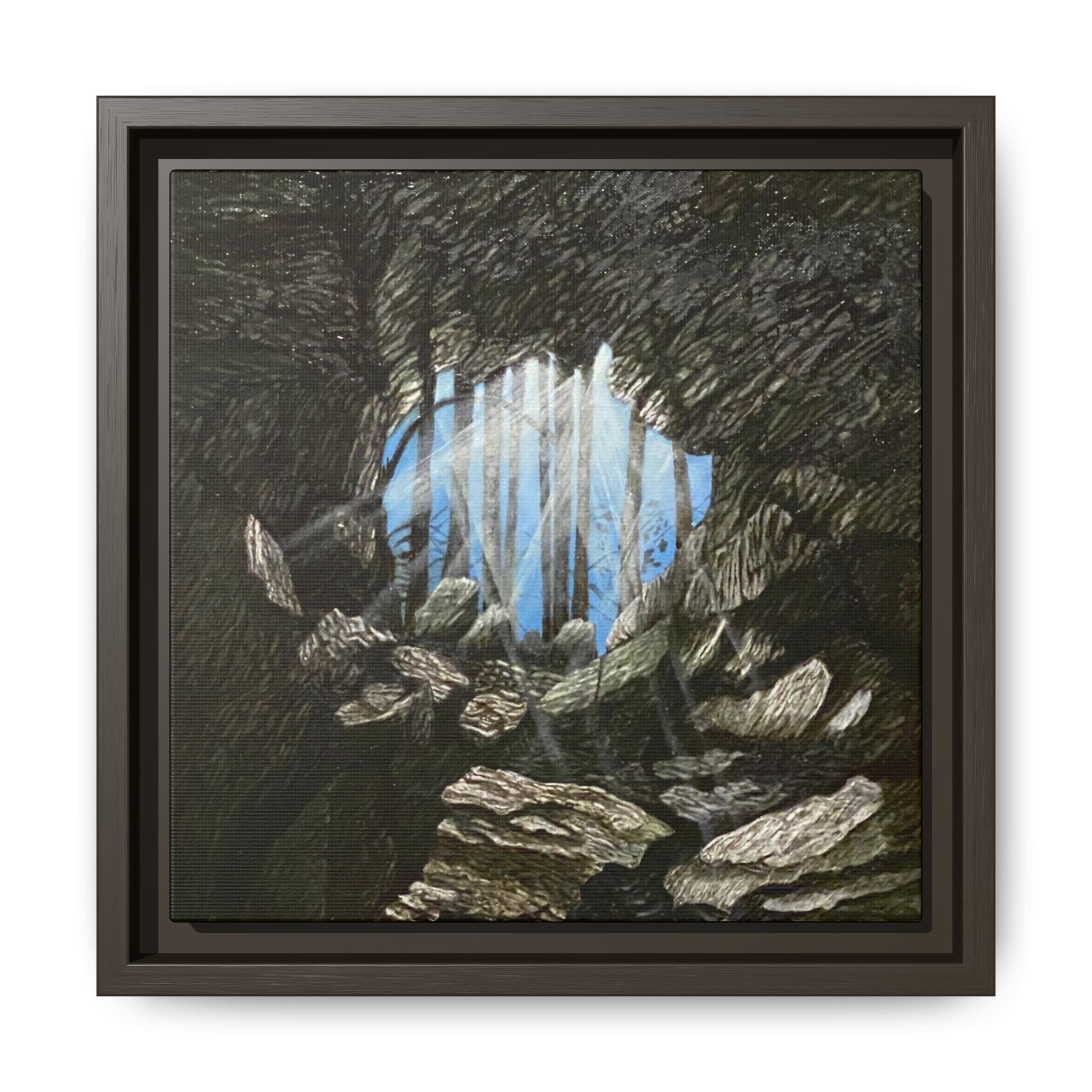 Framed Matte Canvas Art — Cave Opening with Blue Sky Landscape