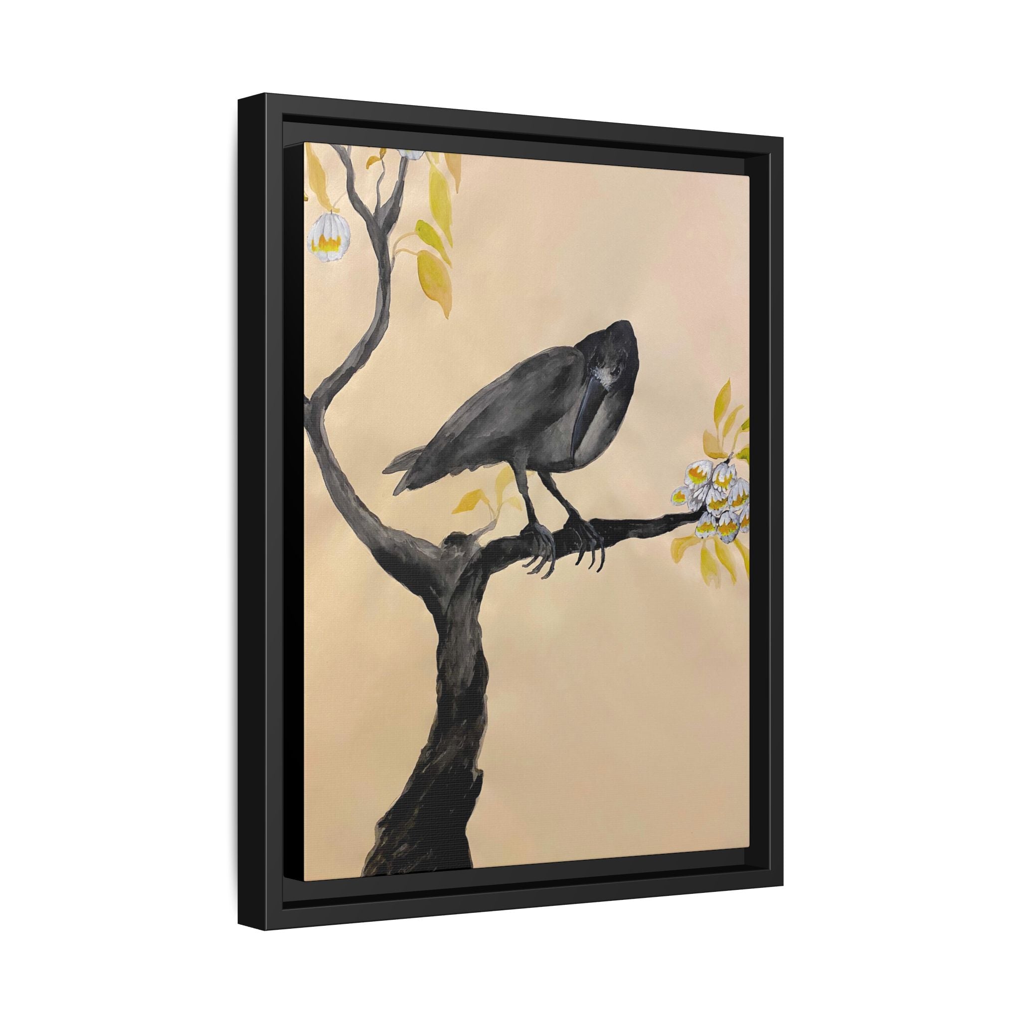 Raven on Branch Matte Framed Canvas – Moody Bird Wall Art