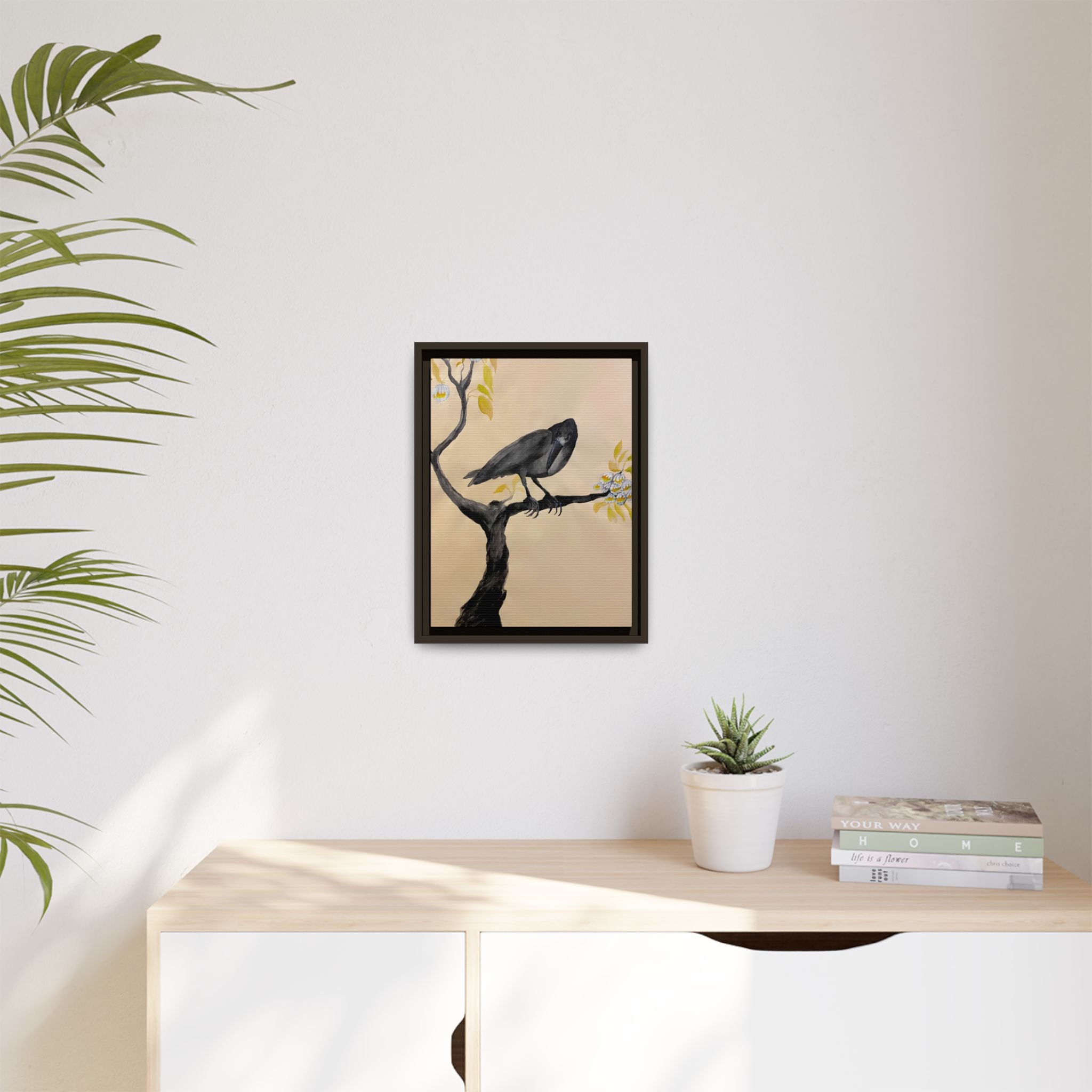 Raven on Branch Matte Framed Canvas – Moody Bird Wall Art