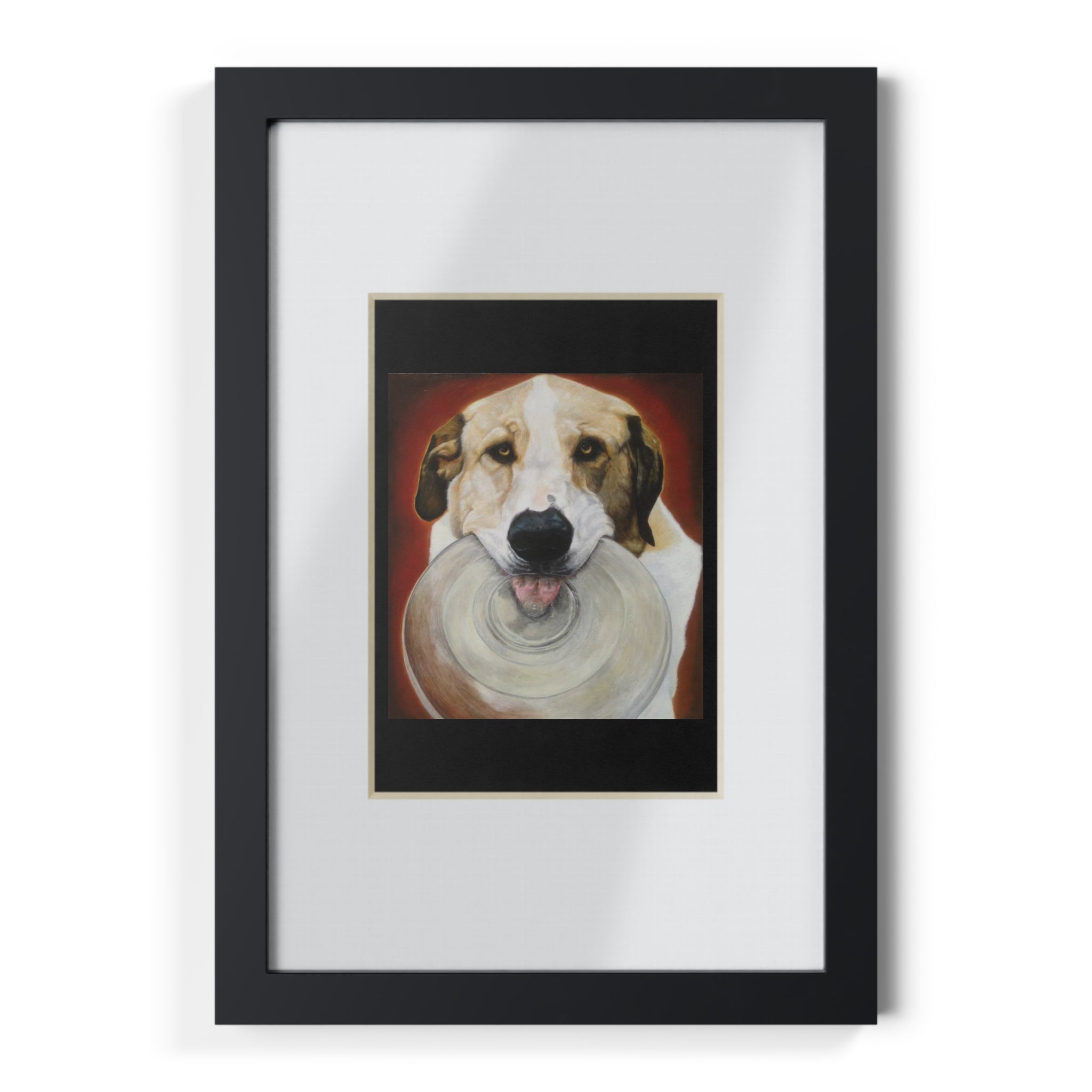 Framed Dog Poster — Black Frame Wall Art Featuring Playful Pup with Frisbee