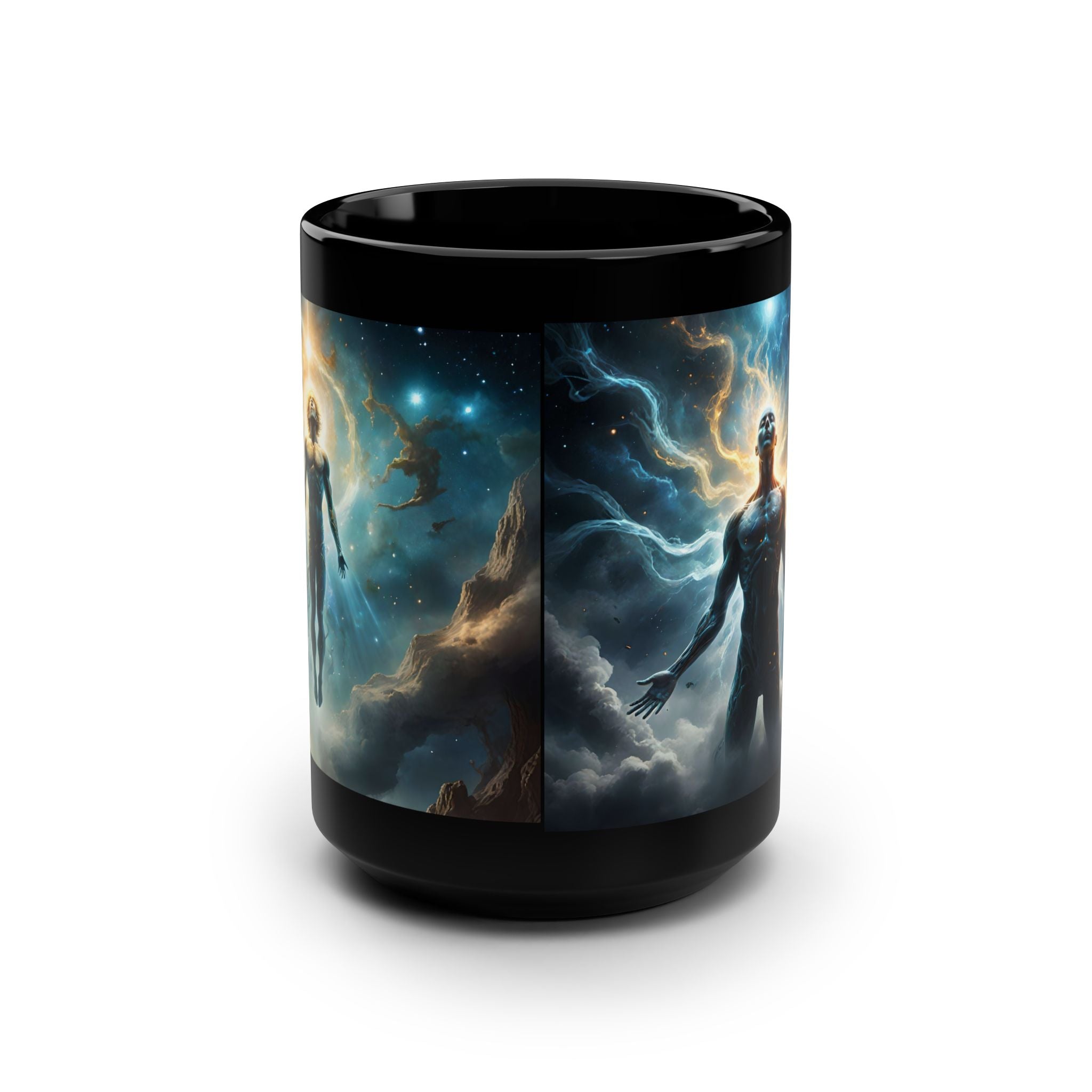 Galactic Ascendant 15oz Black Coffee Mug — Connecting to Source - Cosmic Human Figure Nebula Art
