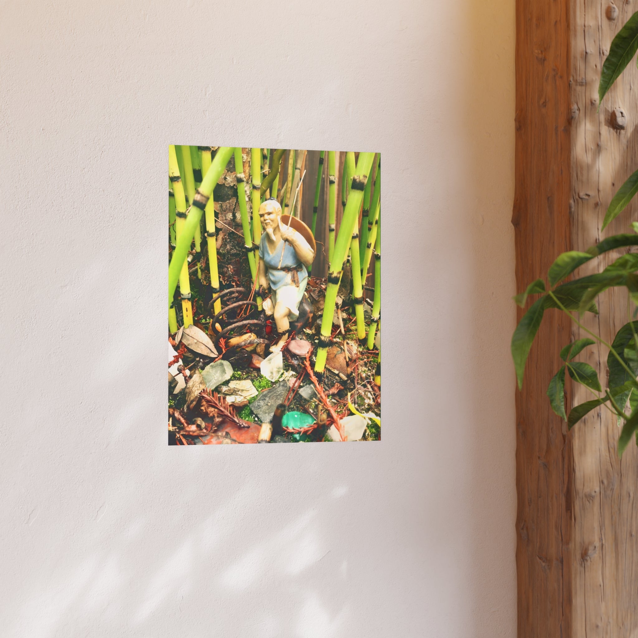 Garden Vignette Poster — Vintage Figurine Among Bamboo Satin/Matte Print