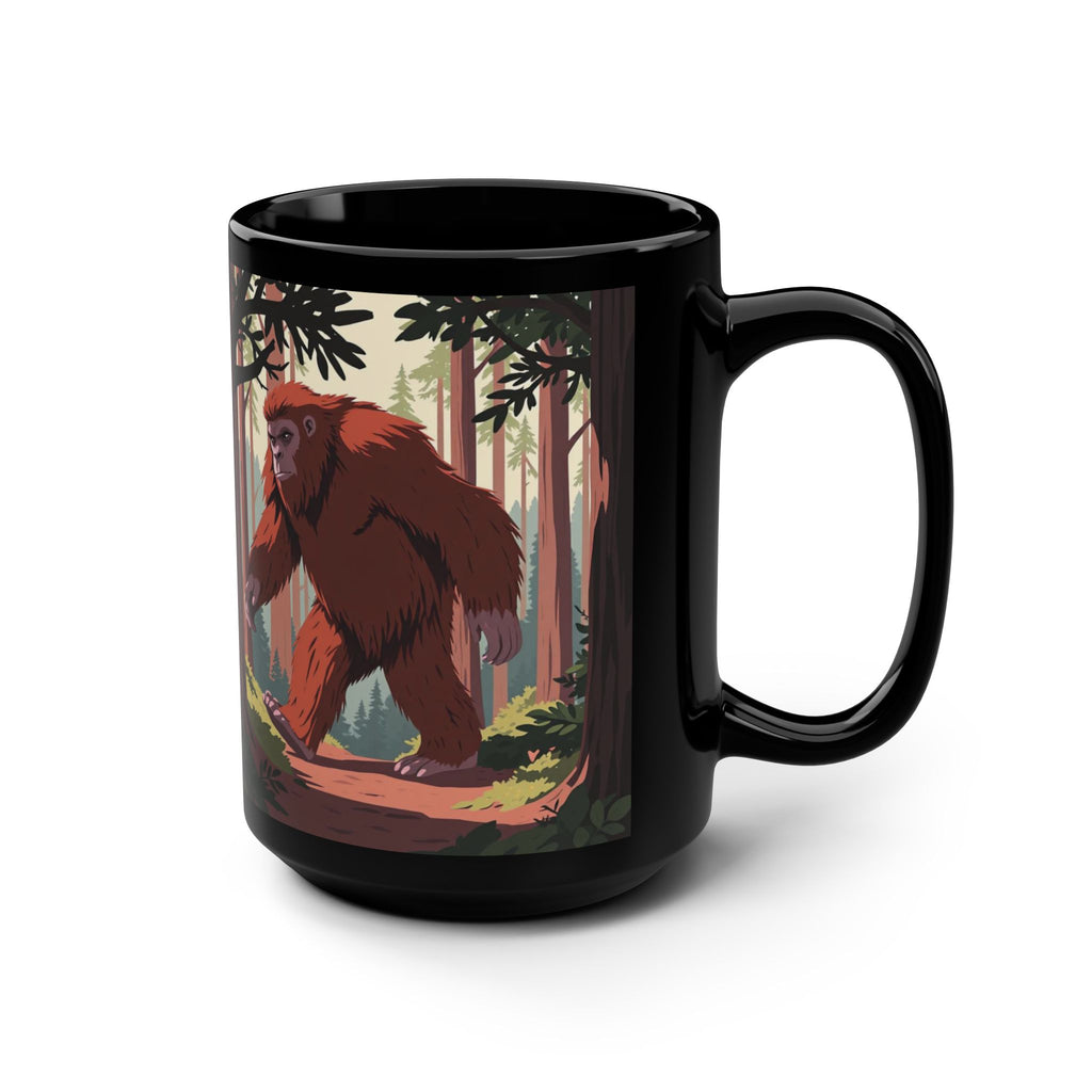 Bigfoot Forest Mug — 15oz Black Coffee Cup with Sasquatch Woodland Illustration
