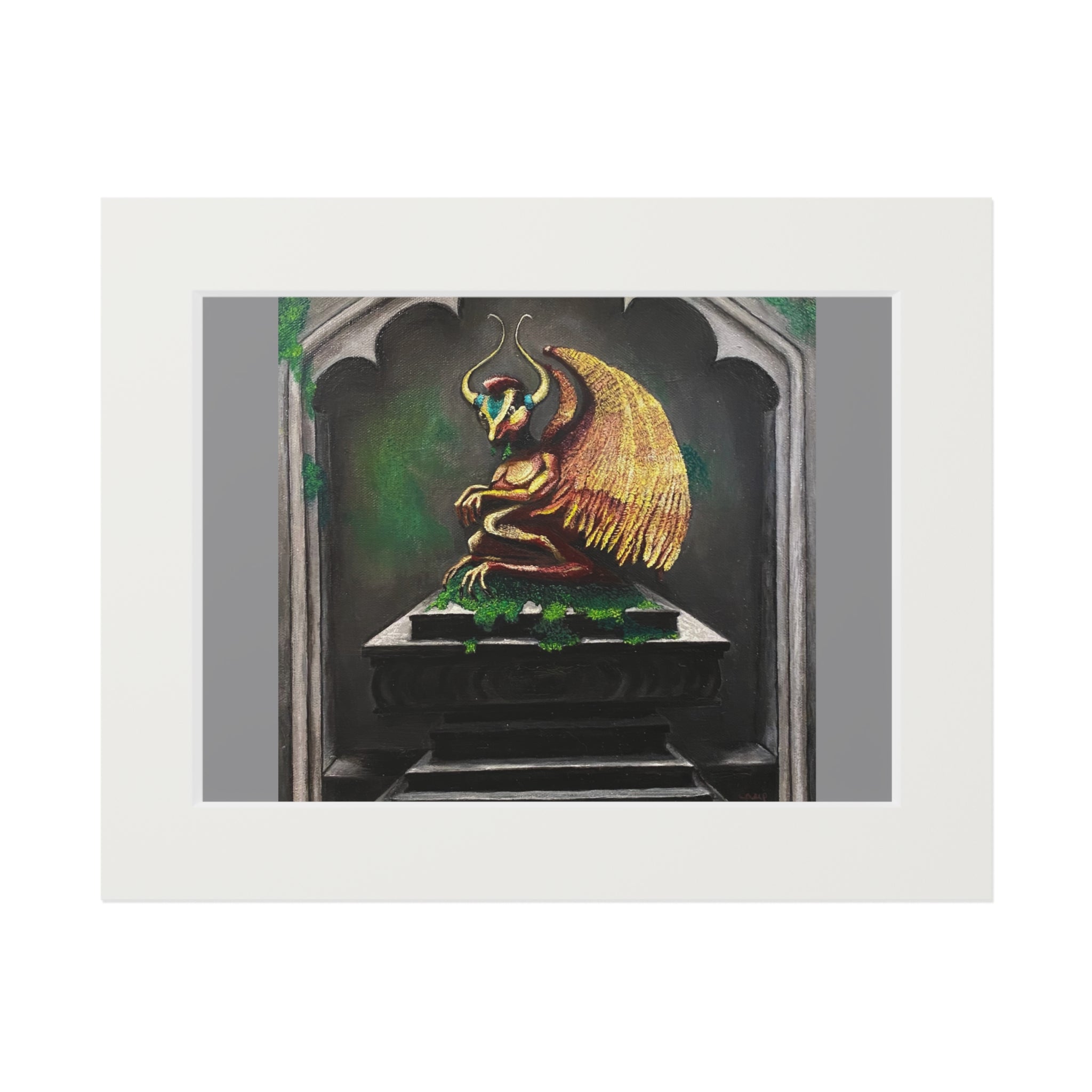 Golden Gargoyle Fine Art Print with Passepartout Frame — Mythic Wall Art