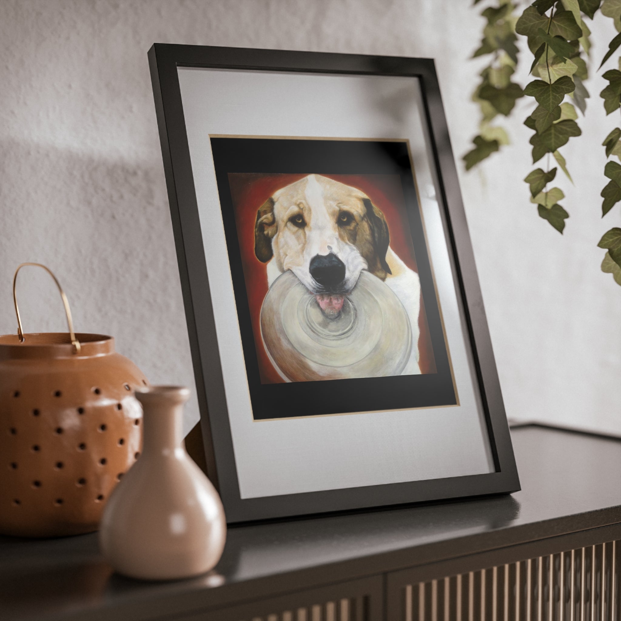 Framed Dog Poster — Black Frame Wall Art Featuring Playful Pup with Frisbee