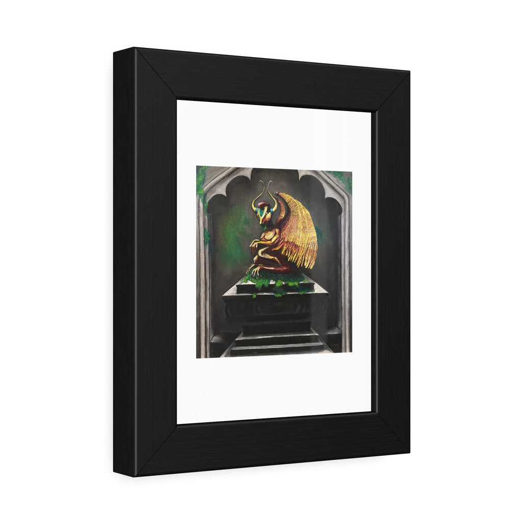 Golden Gargoyle Framed Art Print — Gothic Fantasy Paper Poster