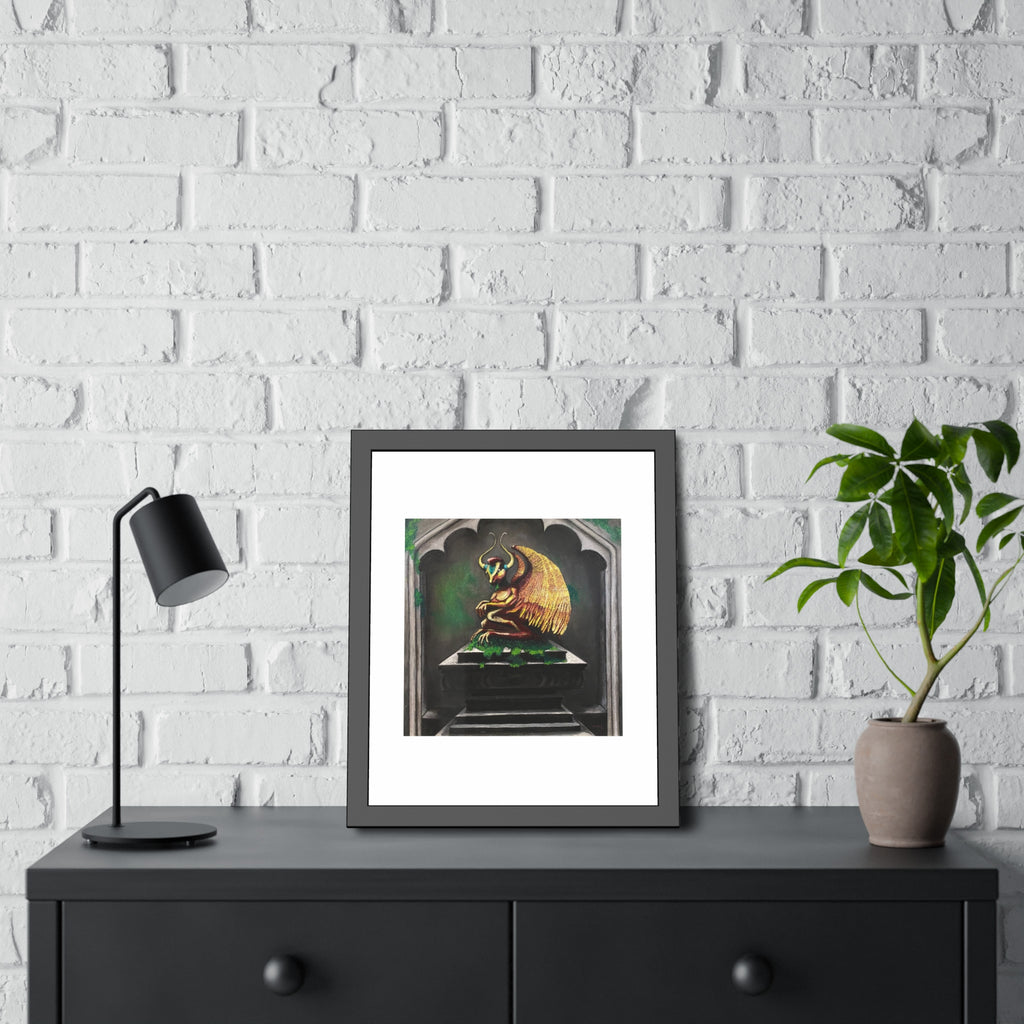 Golden Gargoyle Framed Art Print — Gothic Fantasy Paper Poster