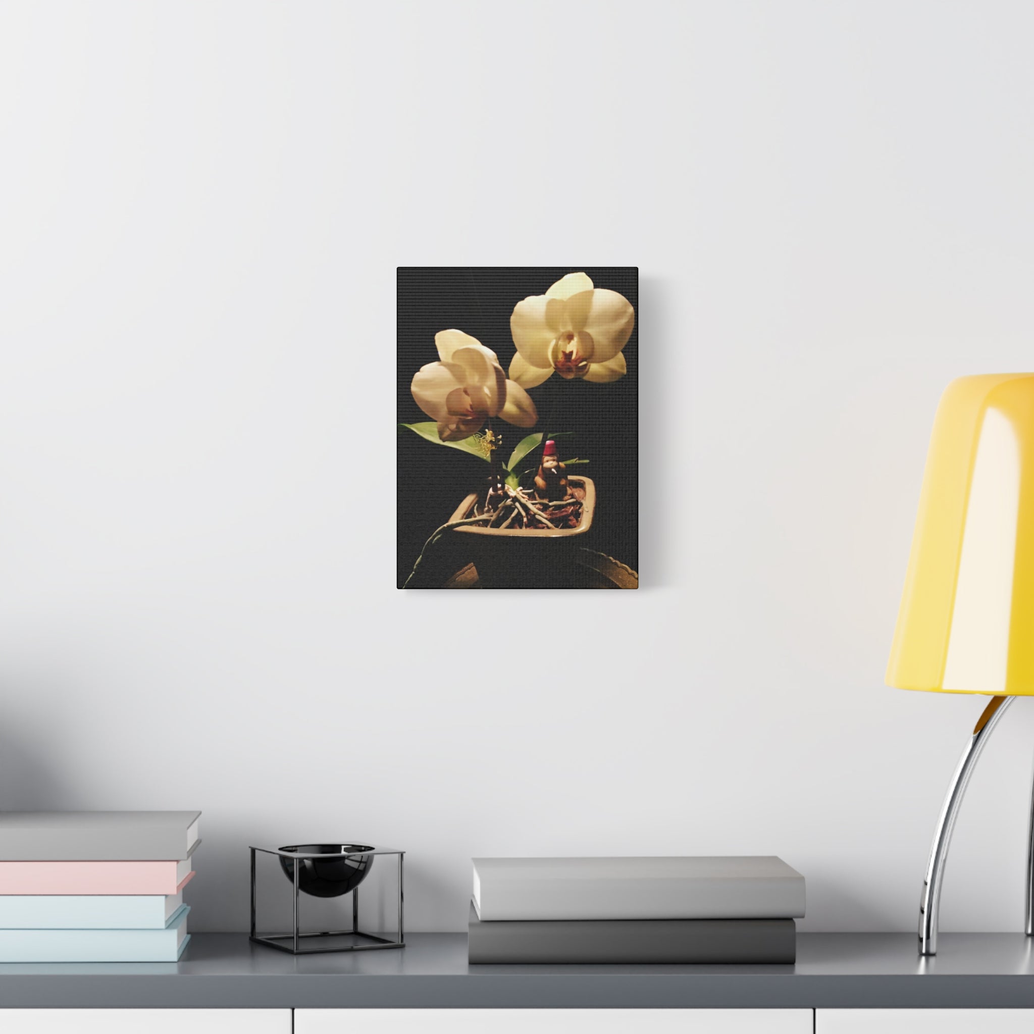 Orchid Still Life Canvas – Orchid Wall Art with Fez Monkey on Matte Stretched Canvas