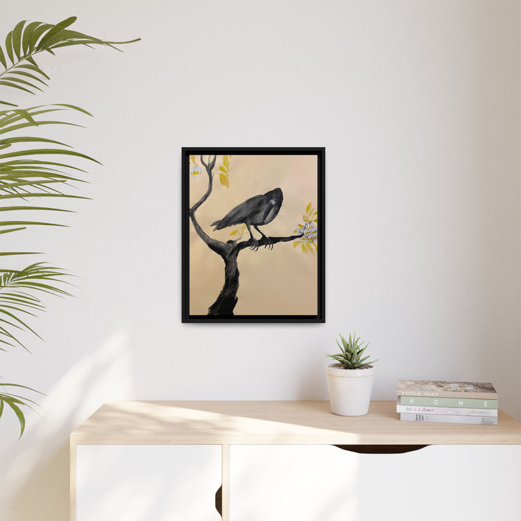 Raven on Branch Matte Framed Canvas – Moody Bird Wall Art