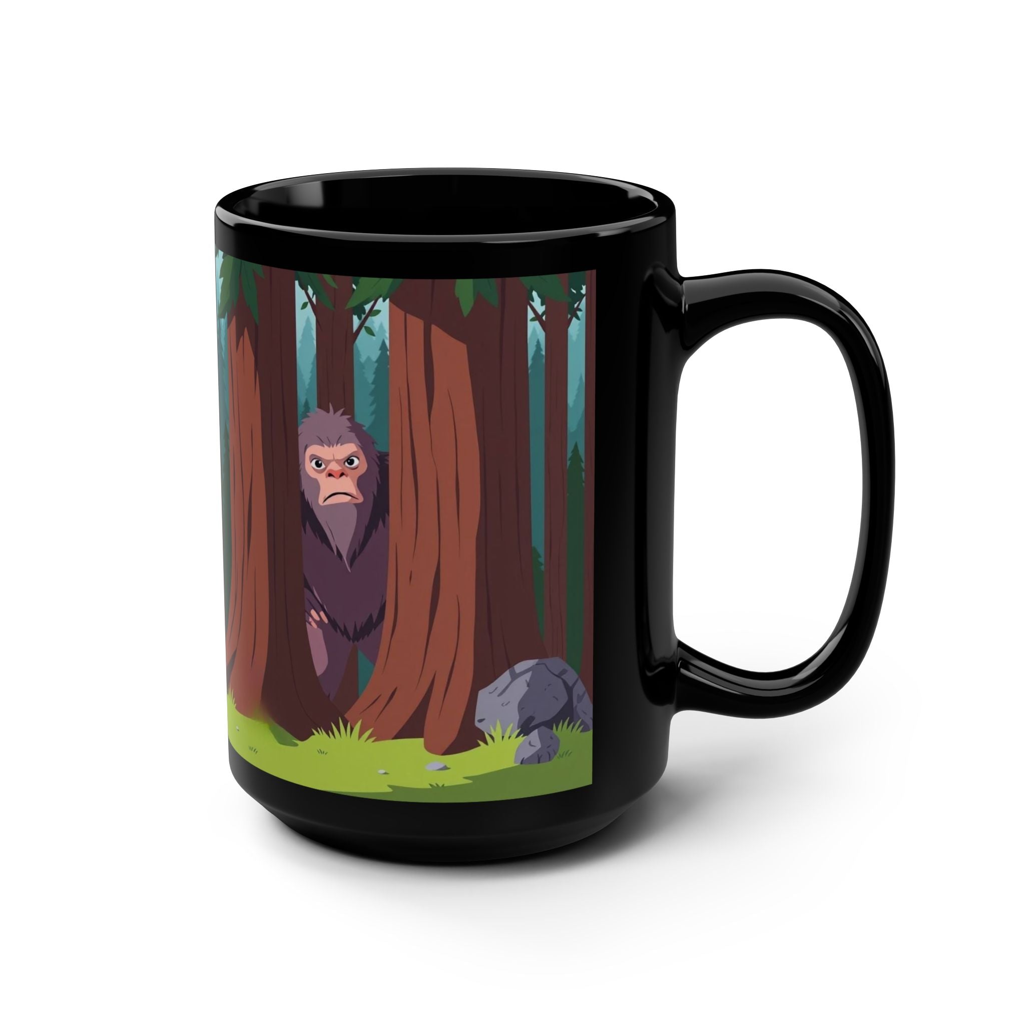 Bigfoot Forest Art Mug — 15oz Black Coffee Cup