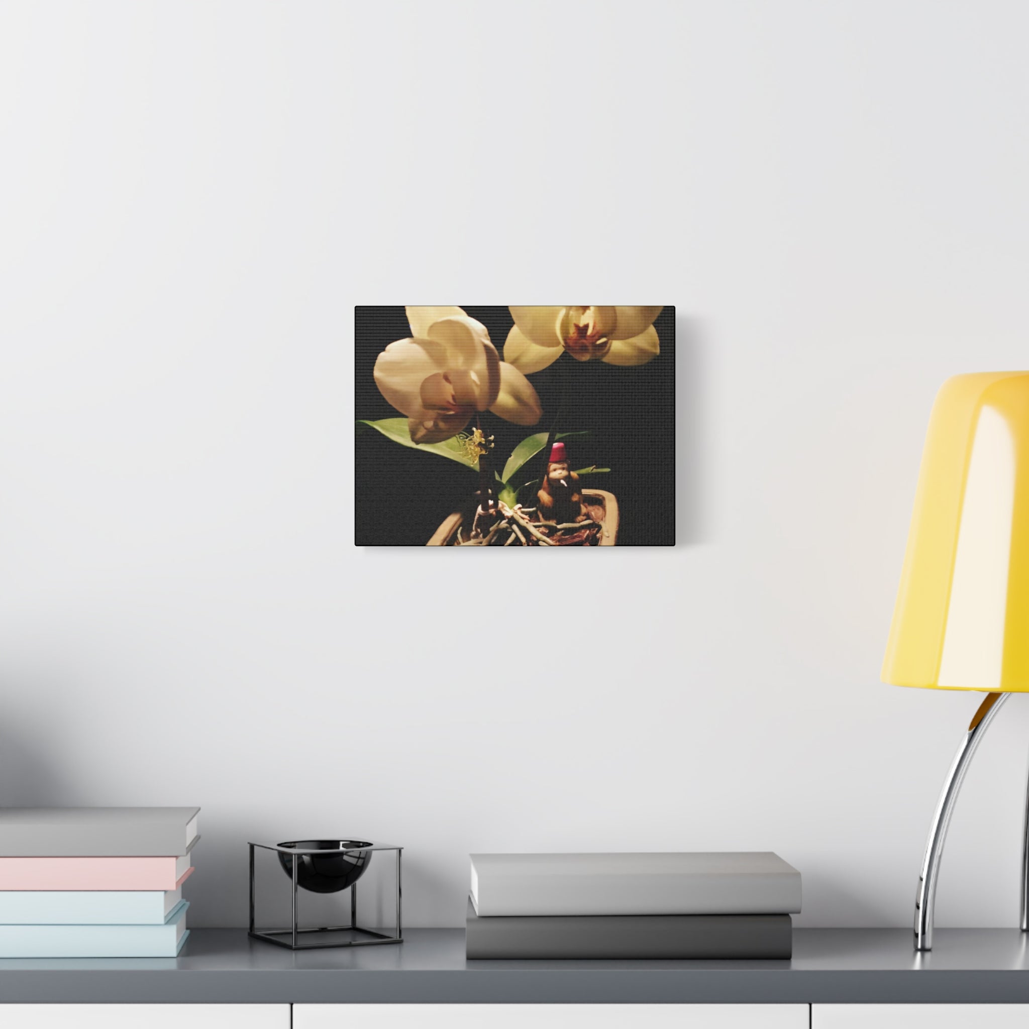 Orchid Still Life Canvas – Orchid Wall Art with Fez Monkey on Matte Stretched Canvas